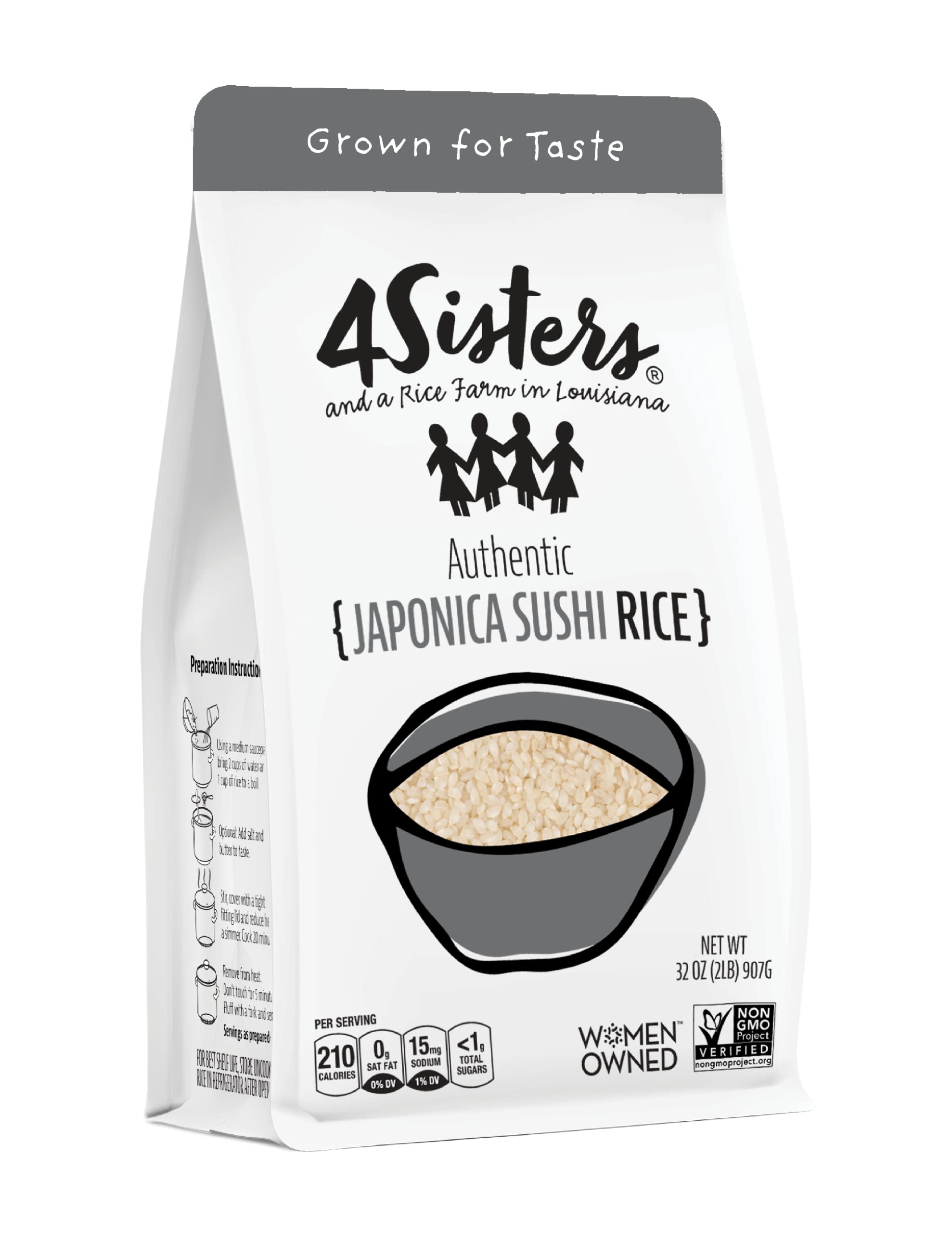 4Sisters - Authentic Short Grain Japonica Sushi Rice - Sustainably Grown - Women Owned - Farm to Table - 2lb