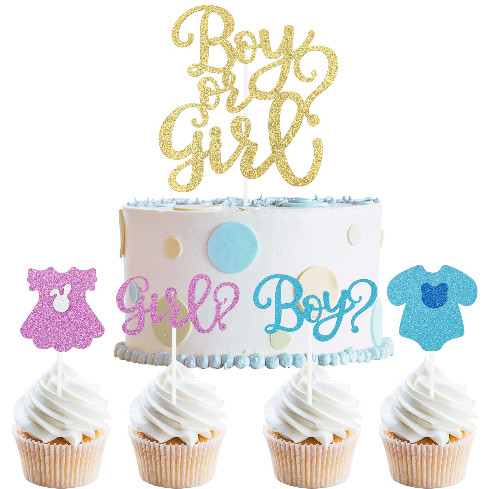 24pcs Gender Reveal Cupcake Toppers 1 pcs Cake Topper Boy or Girl Gllitter Gender Reveal Cake Decorations Baby Shower