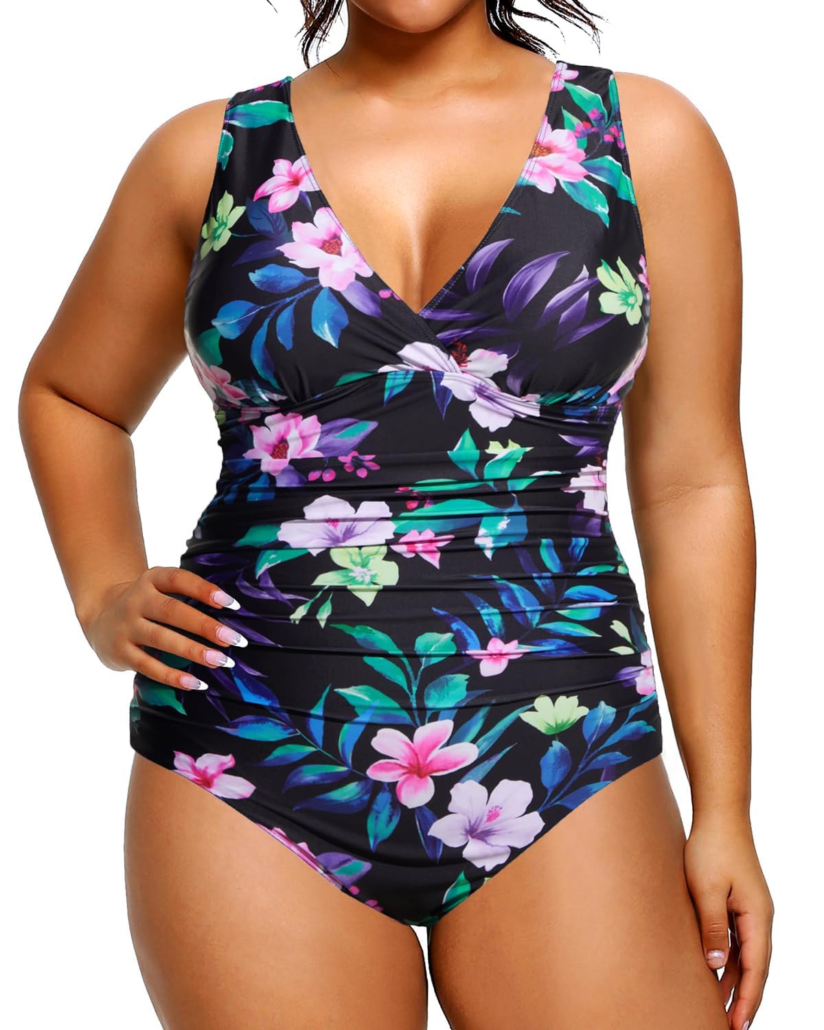 Aqua EveWomen Plus Size One Piece Swimsuits Tummy Control Bathing Suits V Neck Ruched Swimwear, Floral, 18 Plus