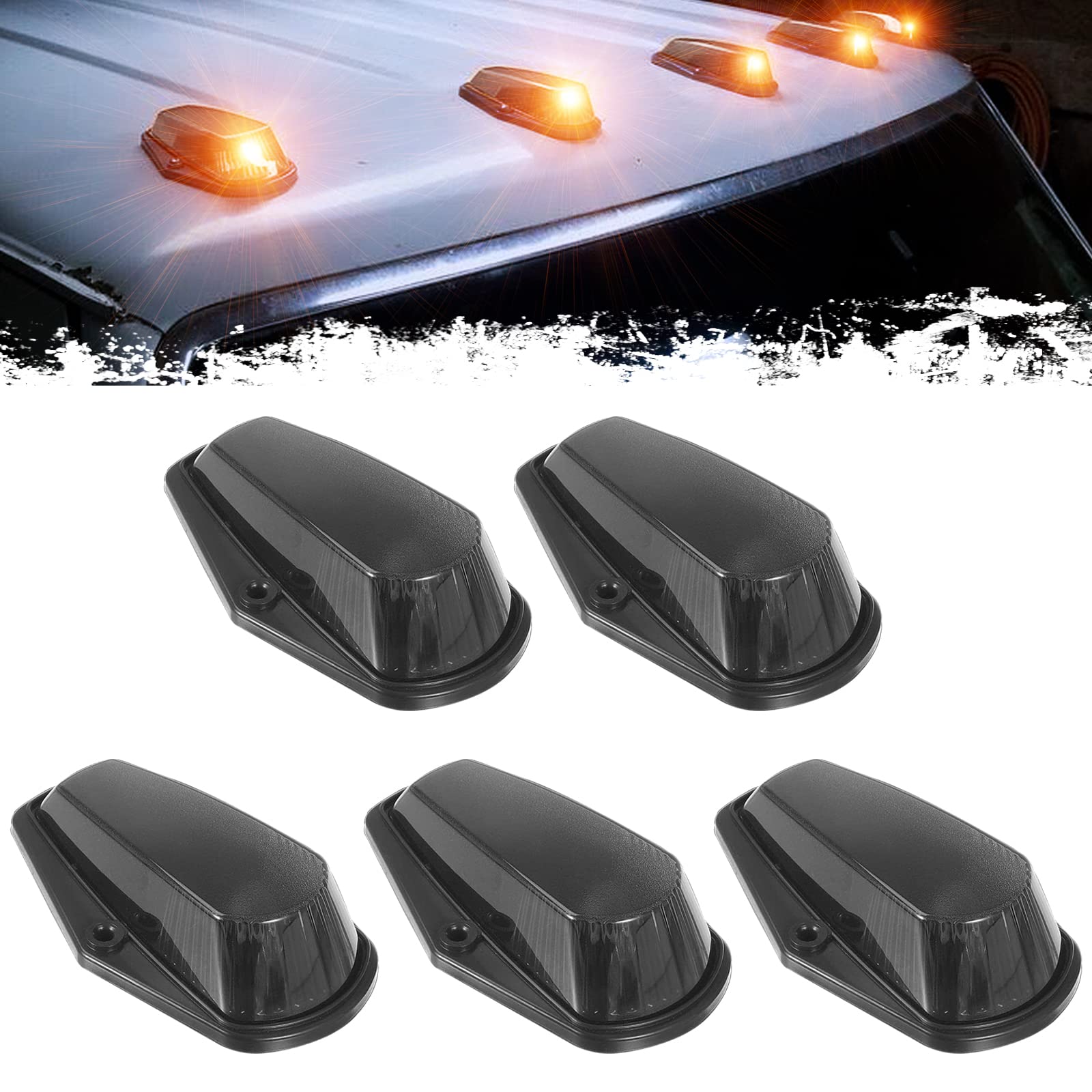 PSEQT 5Pcs Cab Roof Marker Lights Amber LED Top Clearance Marker Light Kits Compatible with F150 F250 F350 1980-1997 Super Duty Pickup Trucks 12V Signal Running Light with Smoked Cover & T10 LED