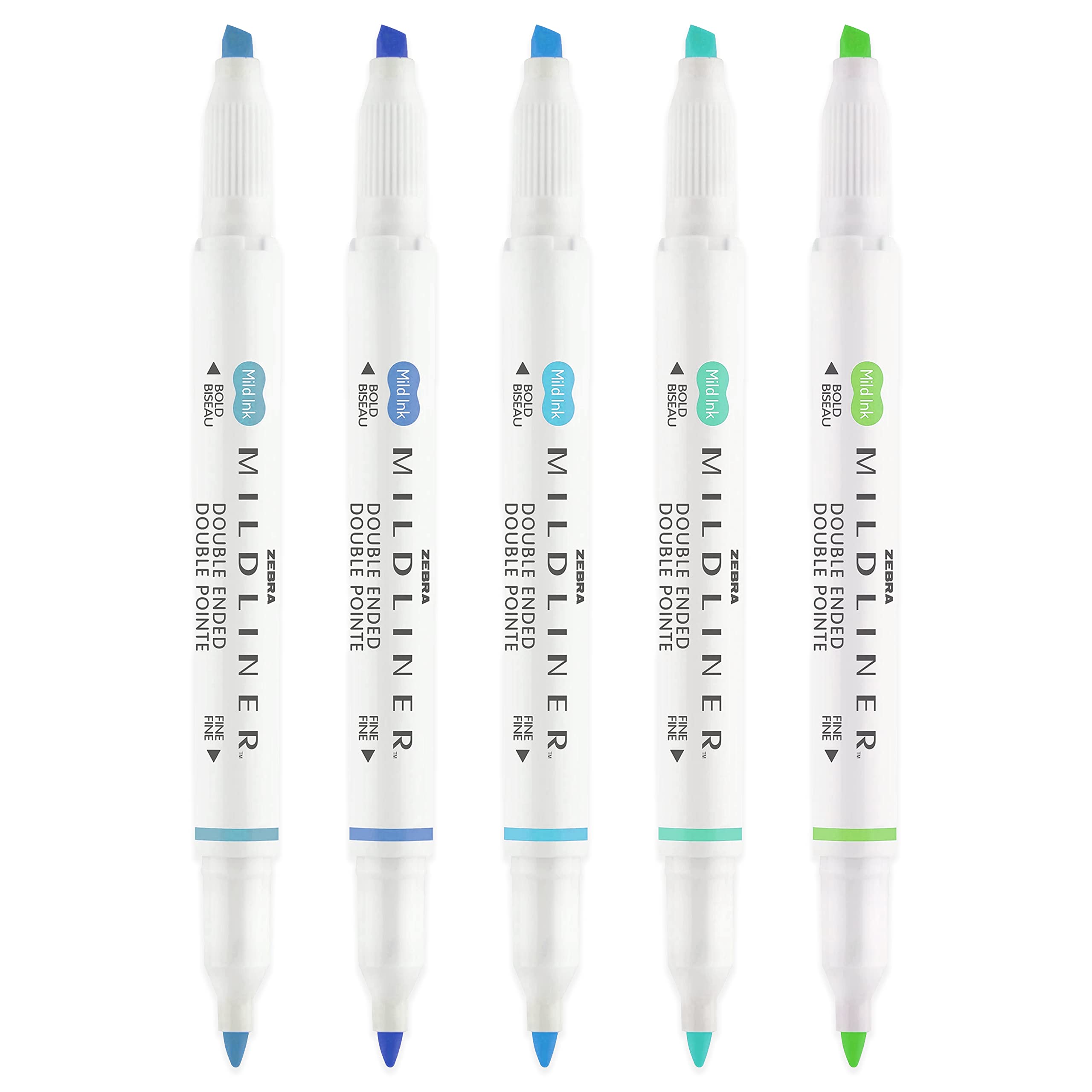 Zebra Mildliner Creative Marker Highlighter Pens - Double Ended - Chisel & Bullet Tip - Blue Green Set of 5