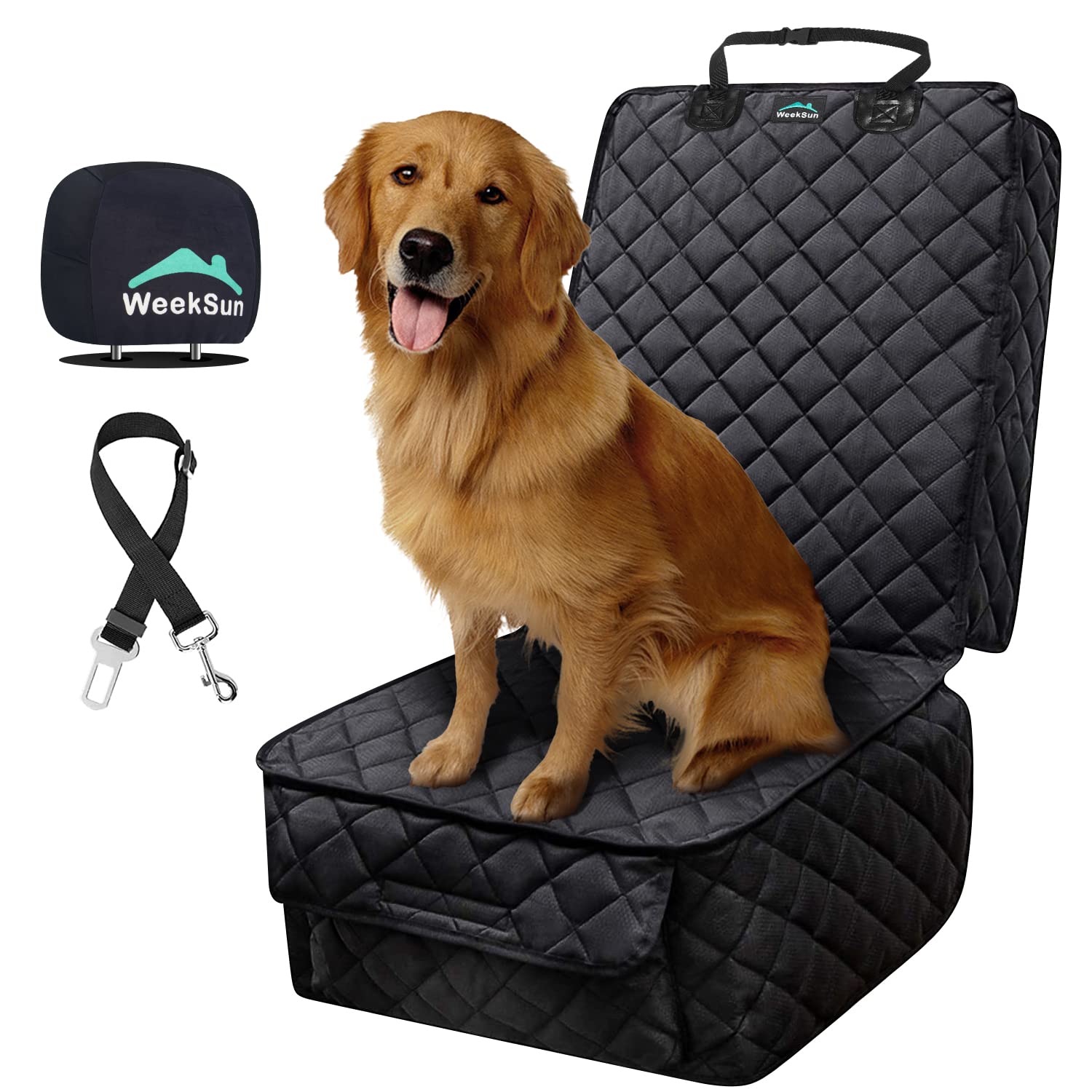 WEEKSUN Front Seat Car Cover with Headrest Cover and Side Flaps and Safety Belt for Pet Dog Cat, Waterproof Wear-Resistant Nonslip Scratchproof Dog Car Seat Cover, Fits for Cars, Trucks, SUVs, Jeep