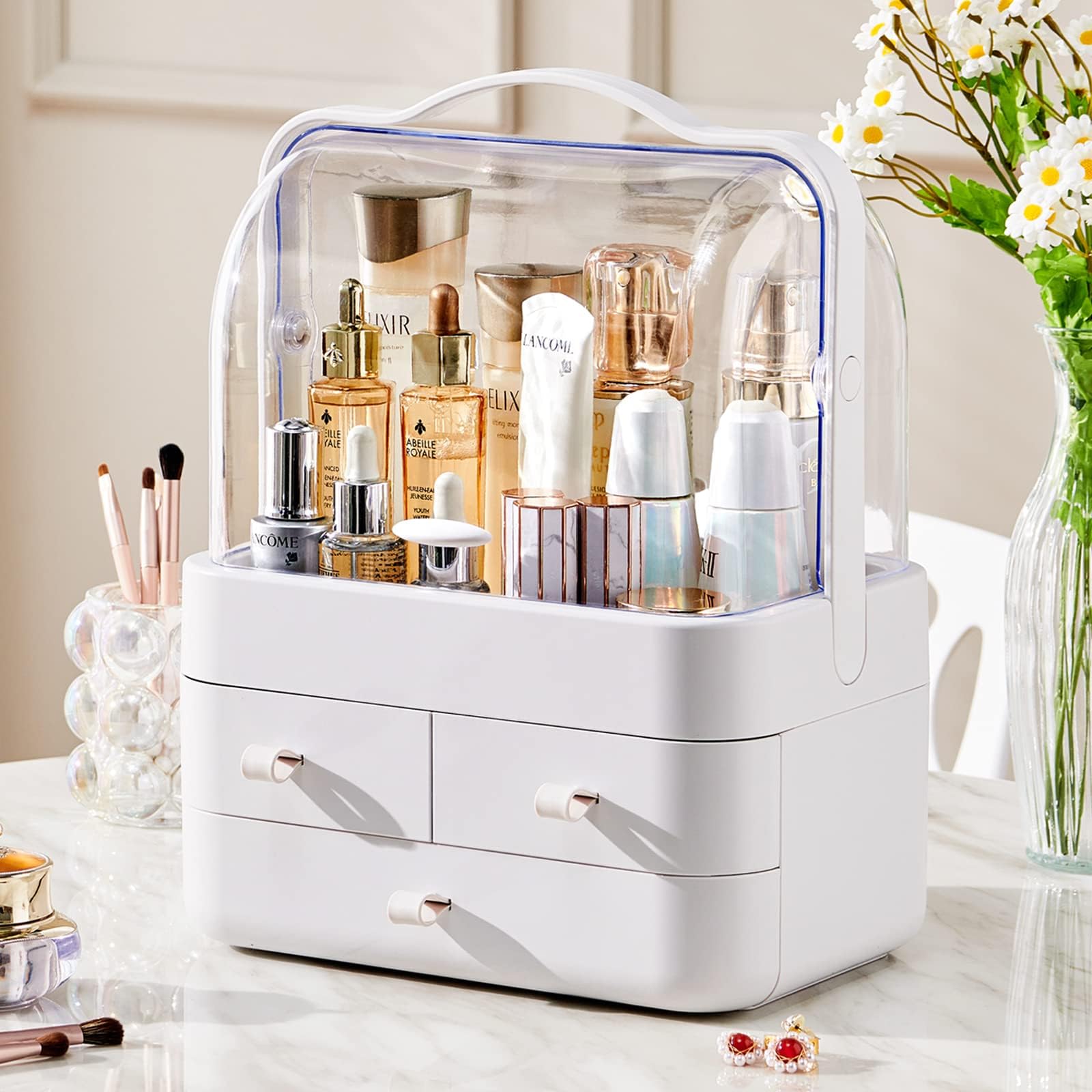 RMAN Makeup Organizer and Storage for Vanity with Lid and Drawers Countertop Waterproof and Dustproof Portable Make up Skincare Cosmetics Organizers