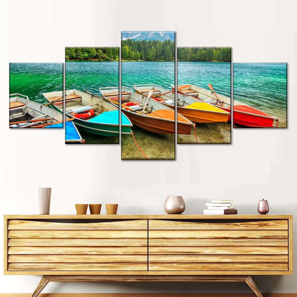 FMSD-5 Piece - art Panels - wall art print Lake Fusine Boats Picture Prints Modern Home Decor Stretched and Framed Ready to Hang