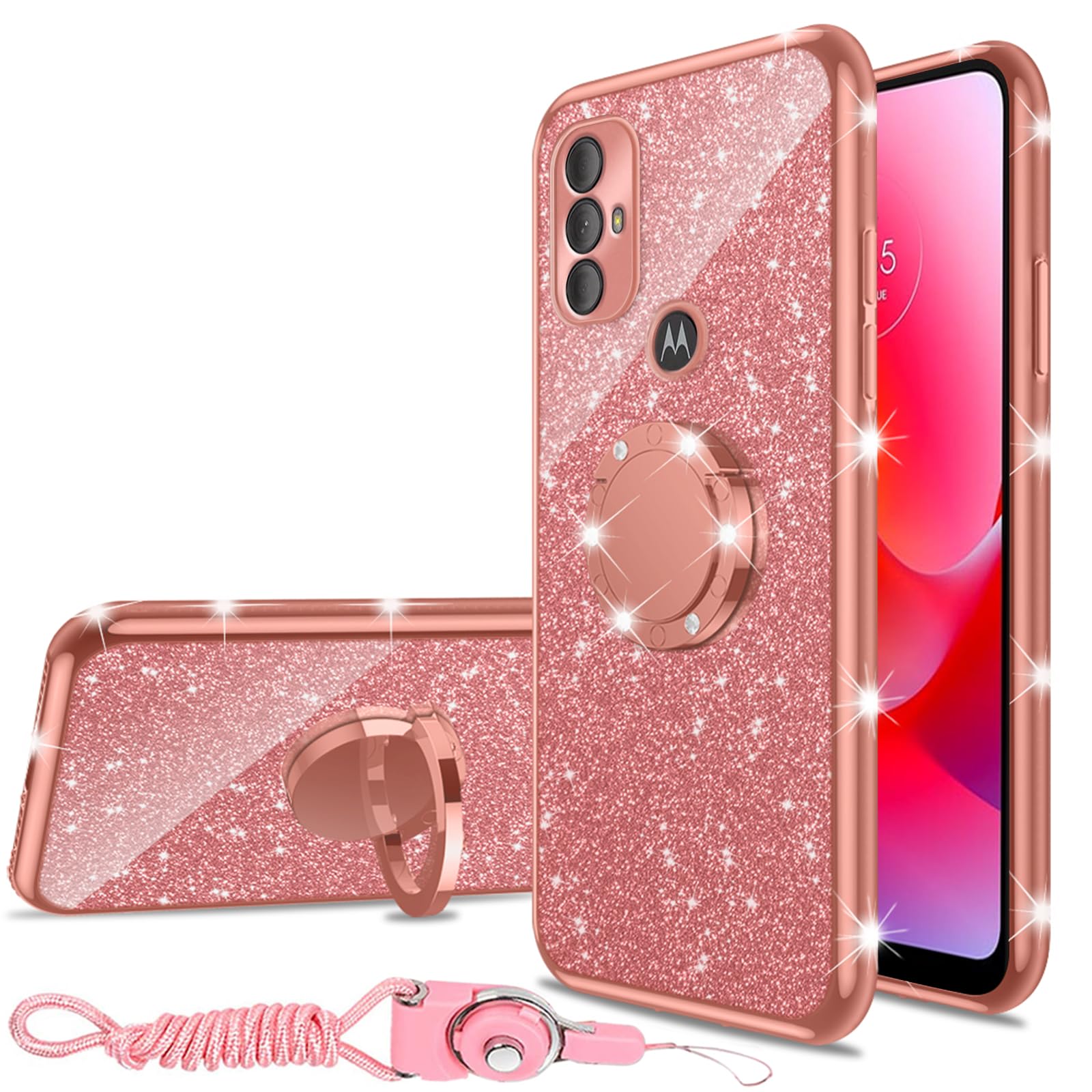 for Moto G Pure 2021 Case, Moto G Power 2022 Case, Girls Women Glitter Luxury Sparkles Cute TPU Silicone Slim Phone Case with Ring Stand & Strap Case for Motorola Moto G Play (2023) - Rose Gold