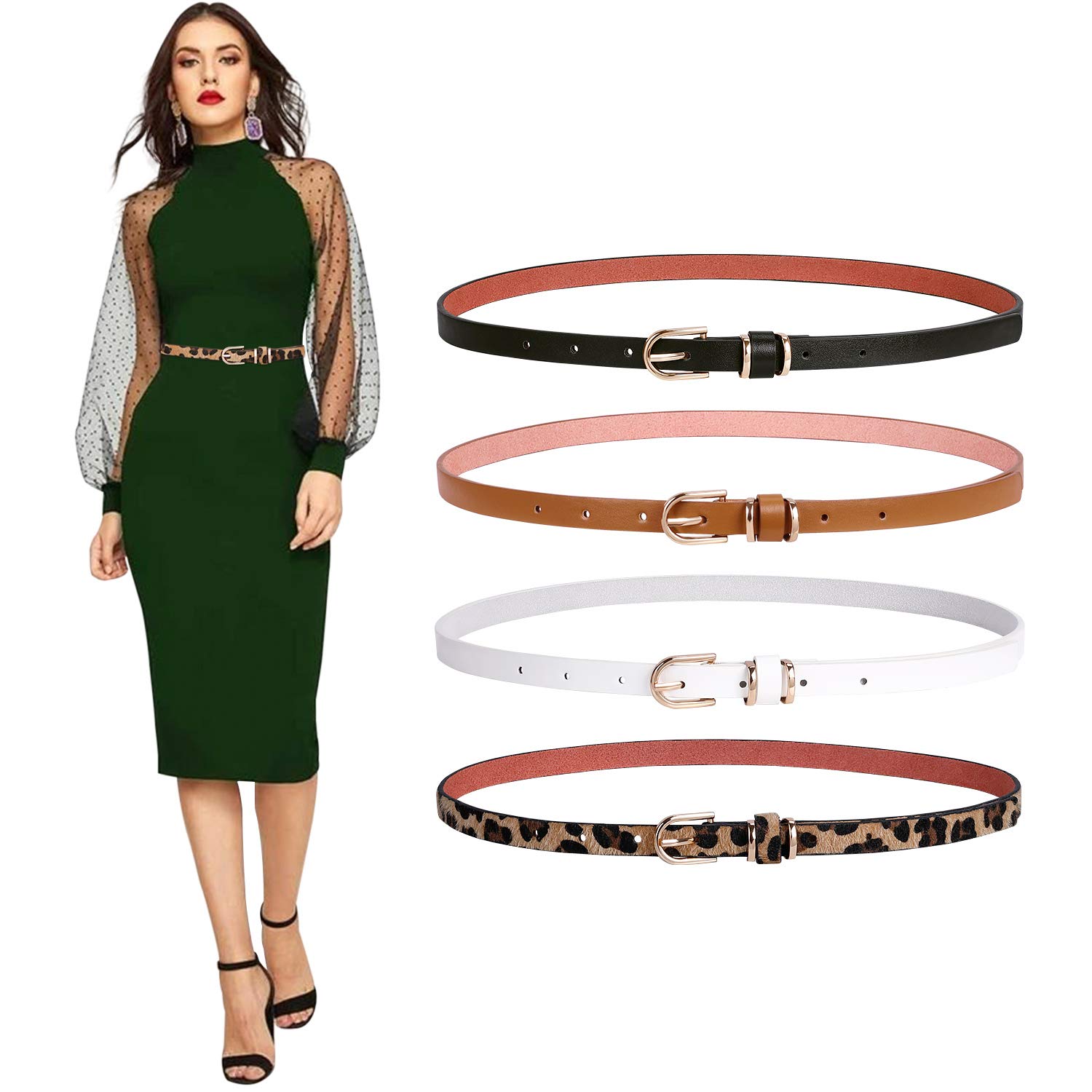 SANSTHS4 Pack Women Thin Belts for Jeans Dresses Coats Skinny Women Belt with Gold Alloy Buckle