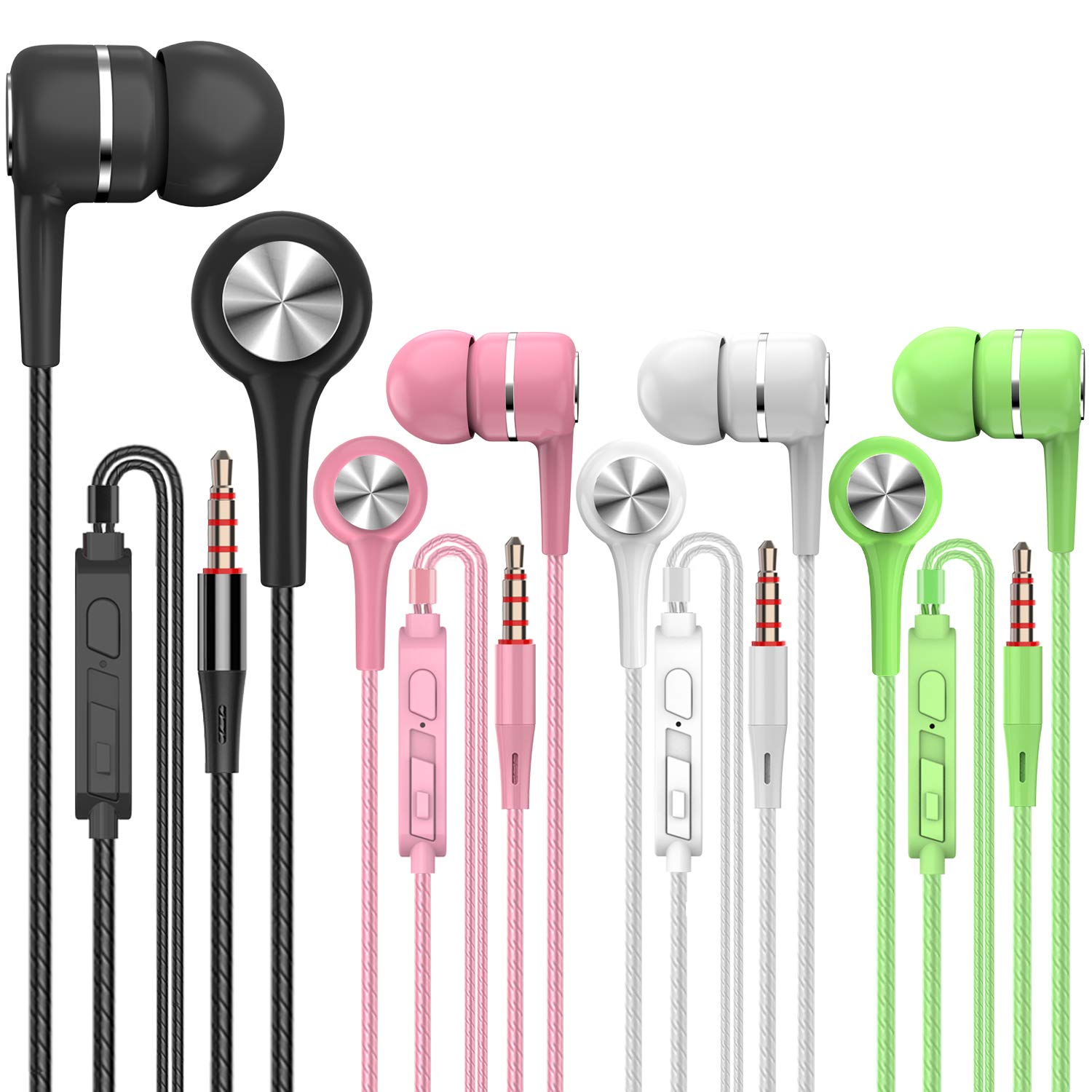 YNR A12 Headphones Earphones Earbuds Earphones, Noise Islating, High Definition, Fits All 3.5mm InterfaceStereo for Samsung, iPhone,iPad, iPod and Mp3 Players(Black+White+Pink+Green 4pairs)