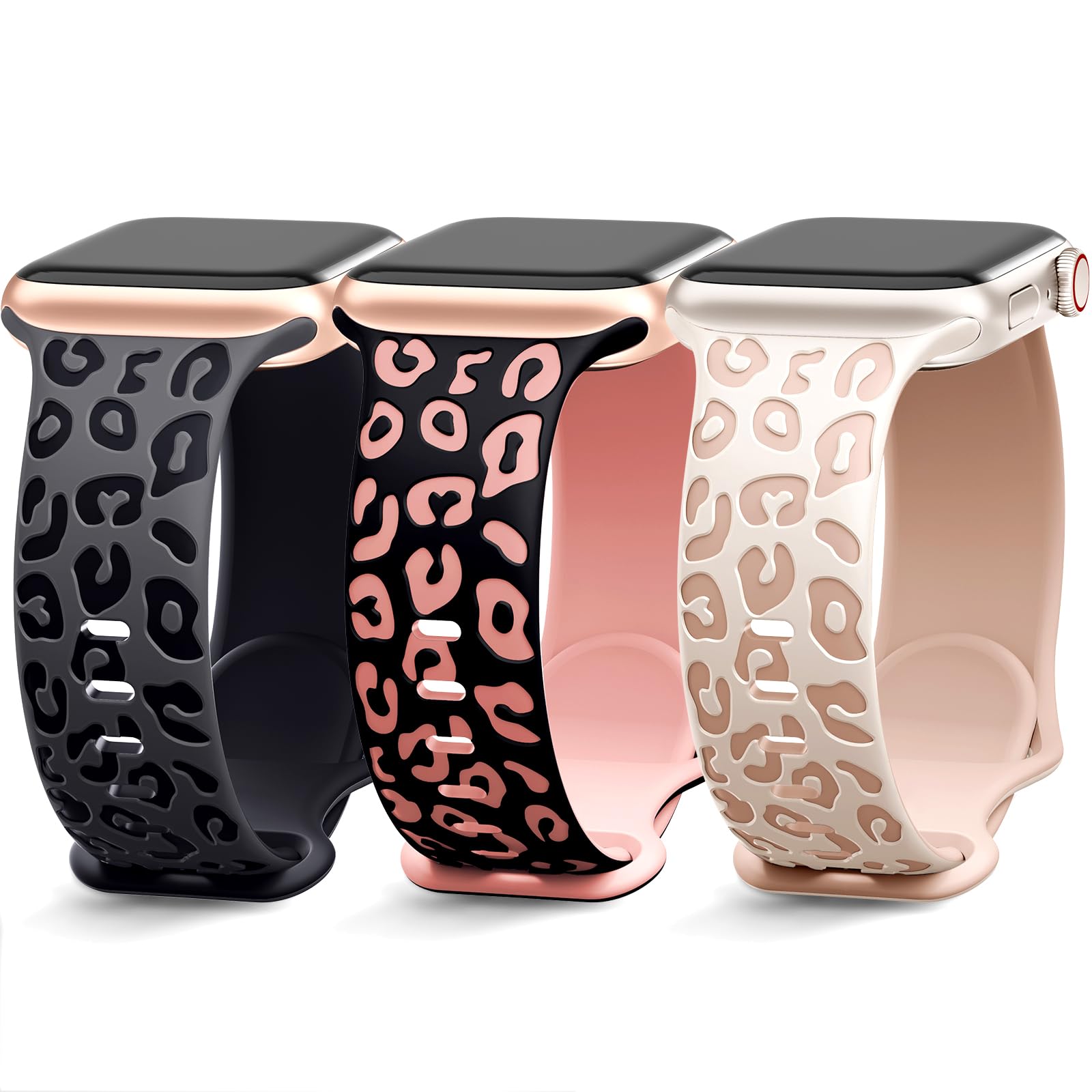 3 Pack Engraved Leopard Bands Compatible with Apple Watch Band 40mm 45mm 41mm 38mm 44mm 42mm 49mm for Women Men,Cheetah Cute Sport Silicone Strap for iWatch Series 9 Ultra/Ultra 2 SE 8 7 6 5 4 3 2 1