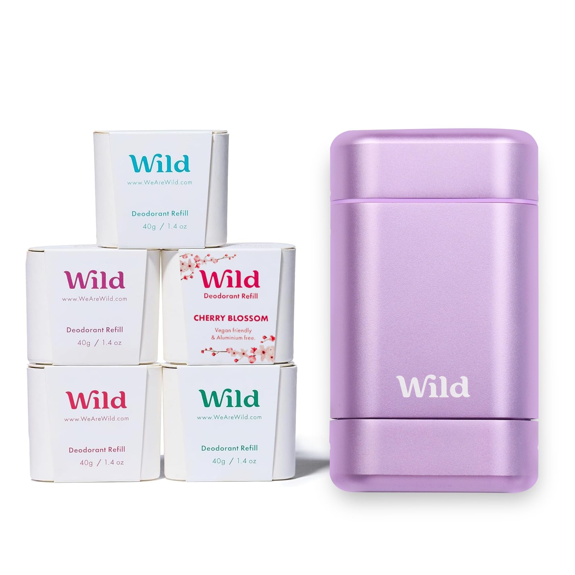 Wild - The Full Monty Starter Kit - Purple Case with Refills in a Variety of Fresh Scents 5 x 40g - Refillable Deodorant & Aluminium Free - Long Lasting Protection - 100% Natural Ingredients