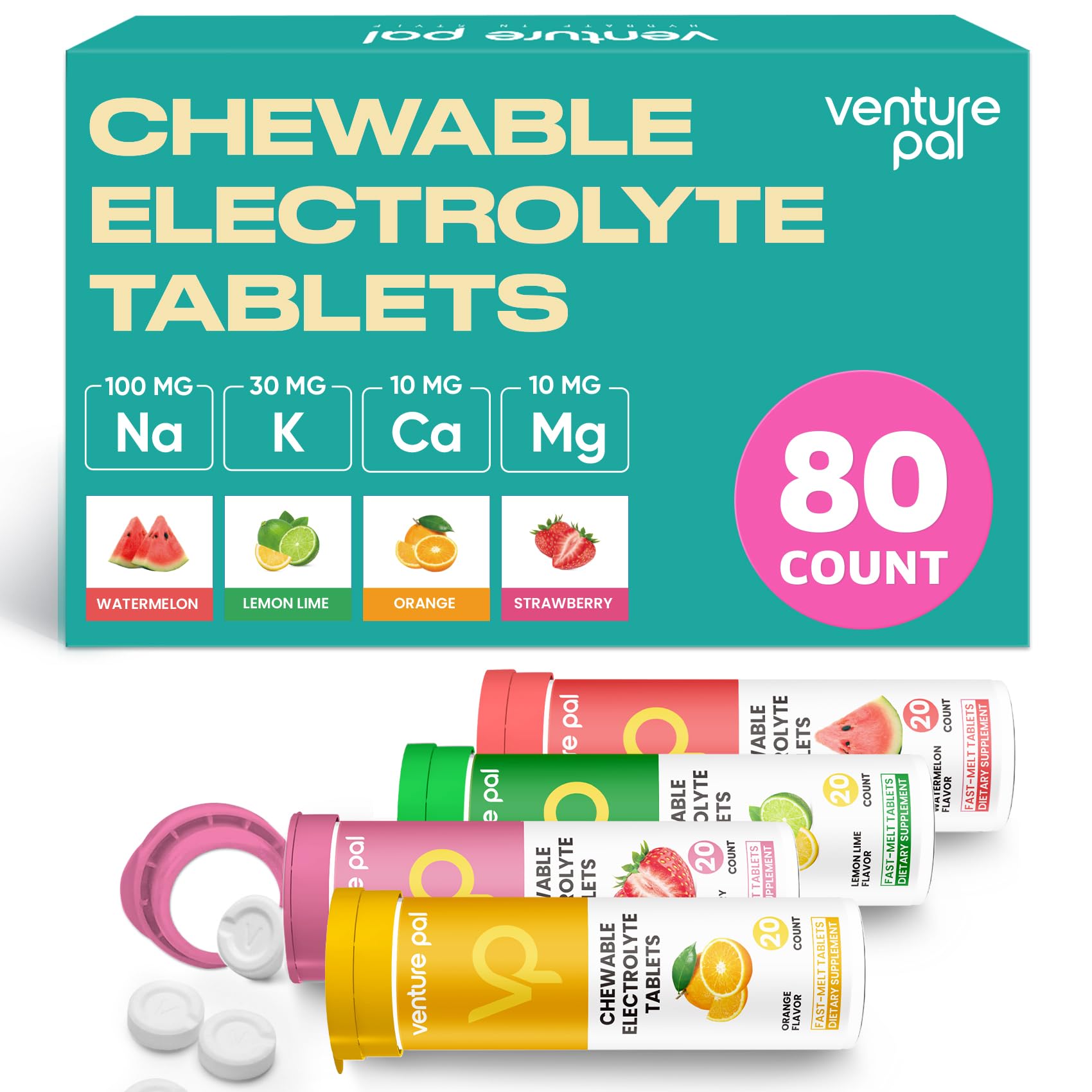 Venture Pal Chewable Electrolyte Tablets, Fast-Melt Sugar-Free Stick Salt Tablets - Variety Pack for Rapid Hydration, Outdoor Running, Hiking, Sports | Keto & Vegan Friendly | 80 Count (4 Pack)