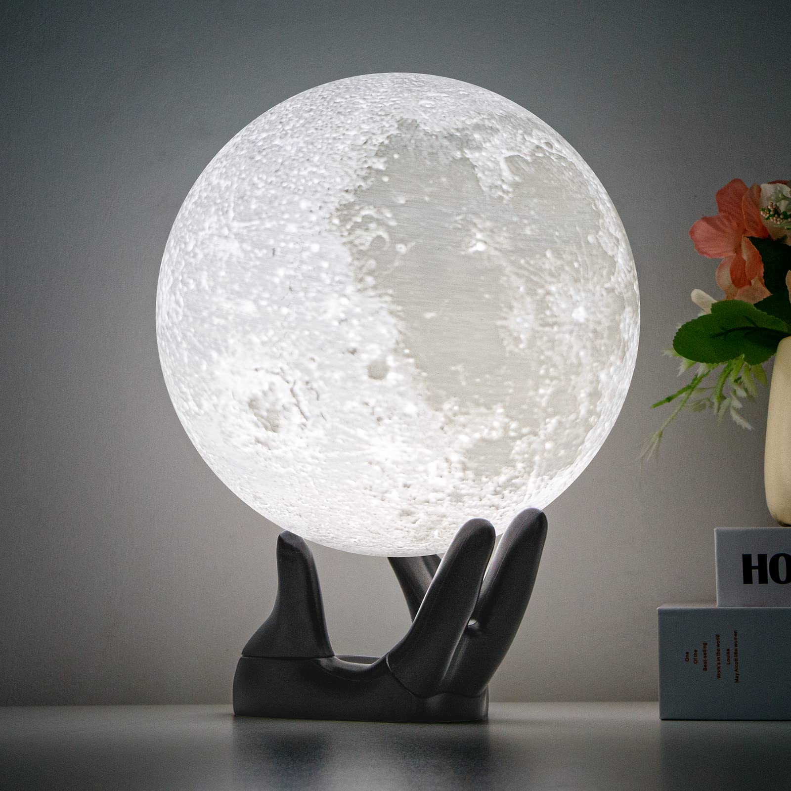 BRIGHTWORLDMoon Lamp, 2023 Upgrade 4.7 inch Moon Light 16 Colors 3D Night Light Bedroom Decor, Birthday Gifts for Kids Children Girls Boys, Remote/Touch Control (Black Hand Stand)