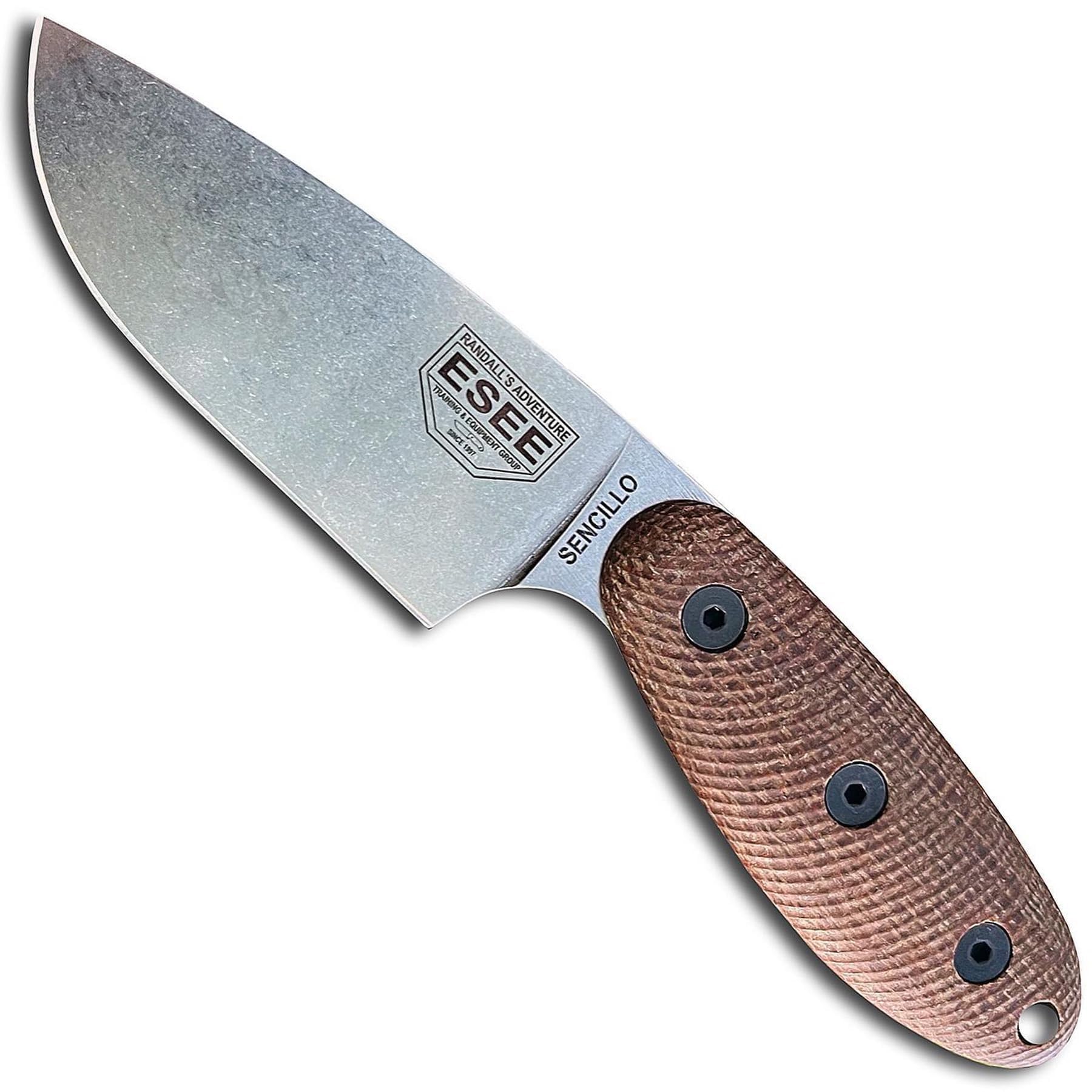 ESEE Sencillo Fixed Blade Survival Knife w/Brown Micarta Handle, and Kydex Sheath (A2 Steel)