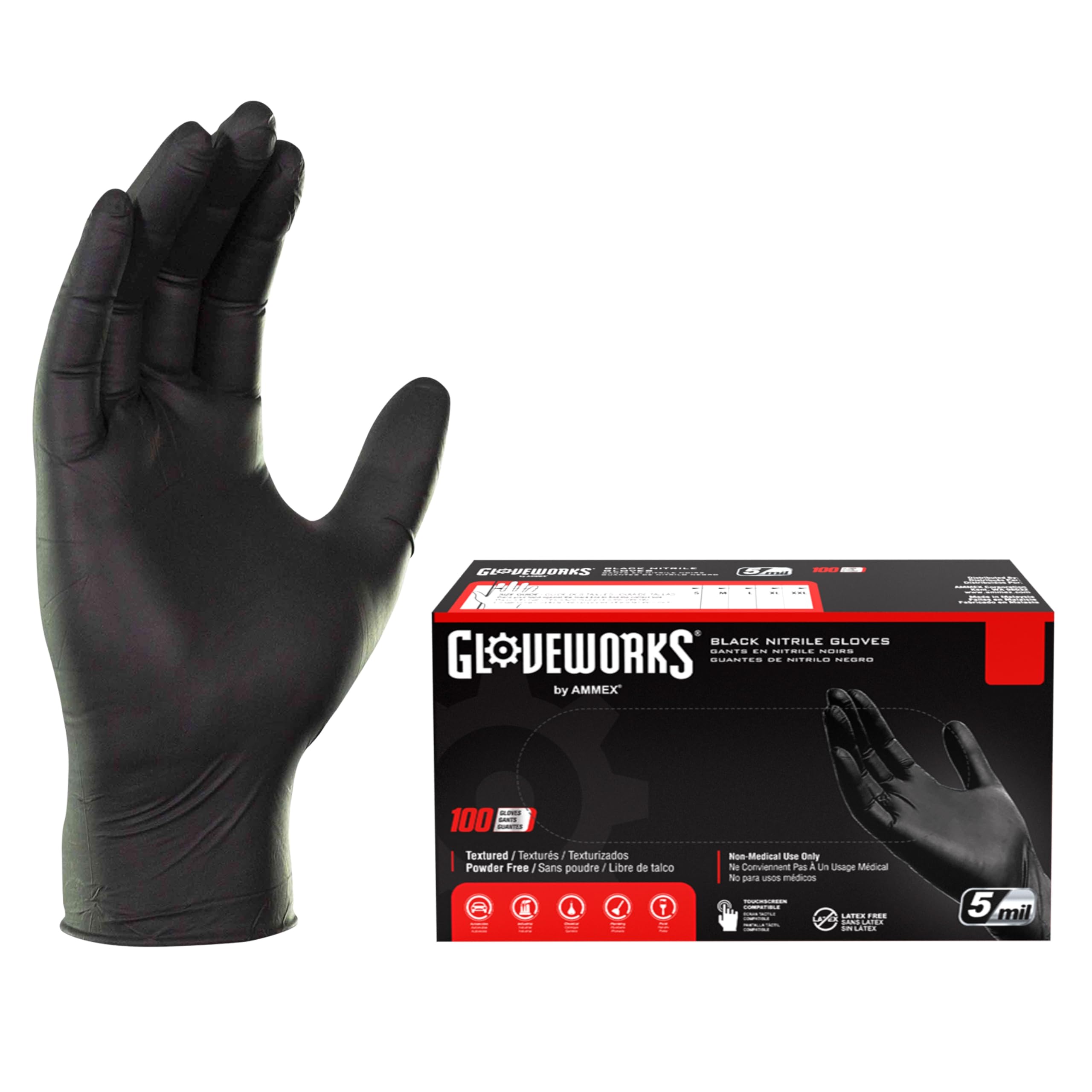 GlovePlus Industrial Black Nitrile Gloves, Box of 100, 5 mil, Size Large, Latex Free, Powder Free, Textured, Disposable, GPNB46100-BX