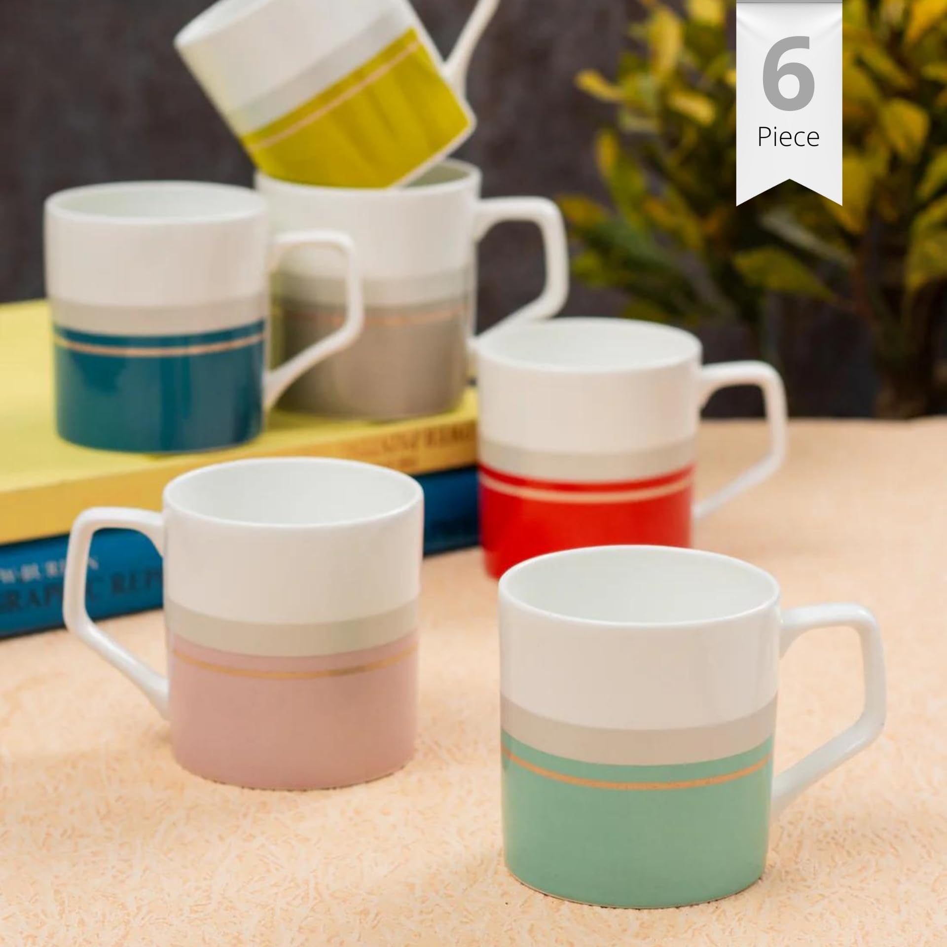 JCPL Fine Ceramic Director Hilton Tea & Coffee Cups, 215 ml Each, 6 Piece, Tea Cup Set of 6, Microwave & Dishwasher Safe, Mugs for Coffee, Cups Set of 6, Mug Set, Ideal for Gifting (Multicolour)