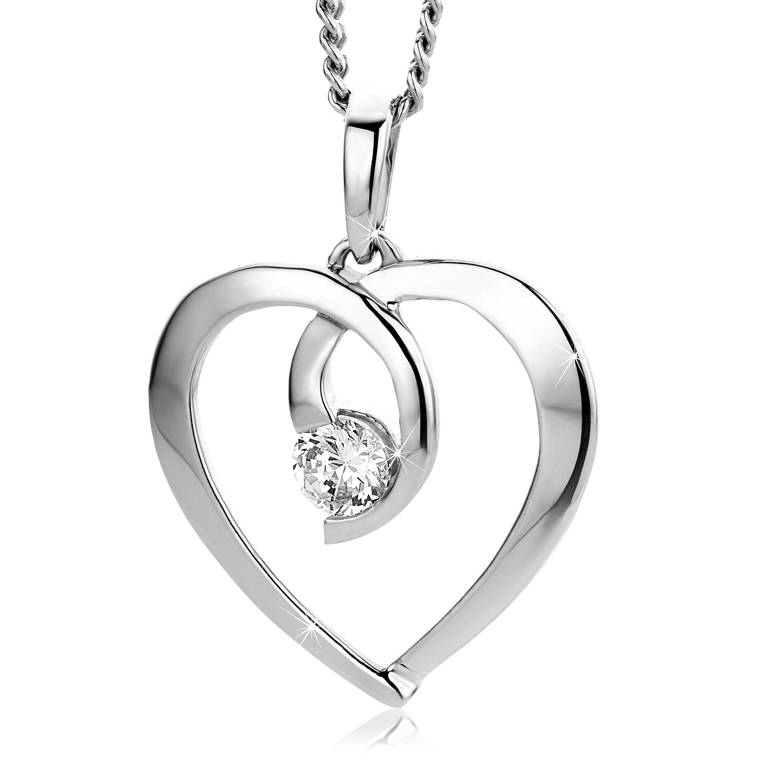 Woman Heart Pendant 9 ct / 375 White Gold and Cubic Zirconia Brilliant Cut Free 925 Silver Chain cm 45