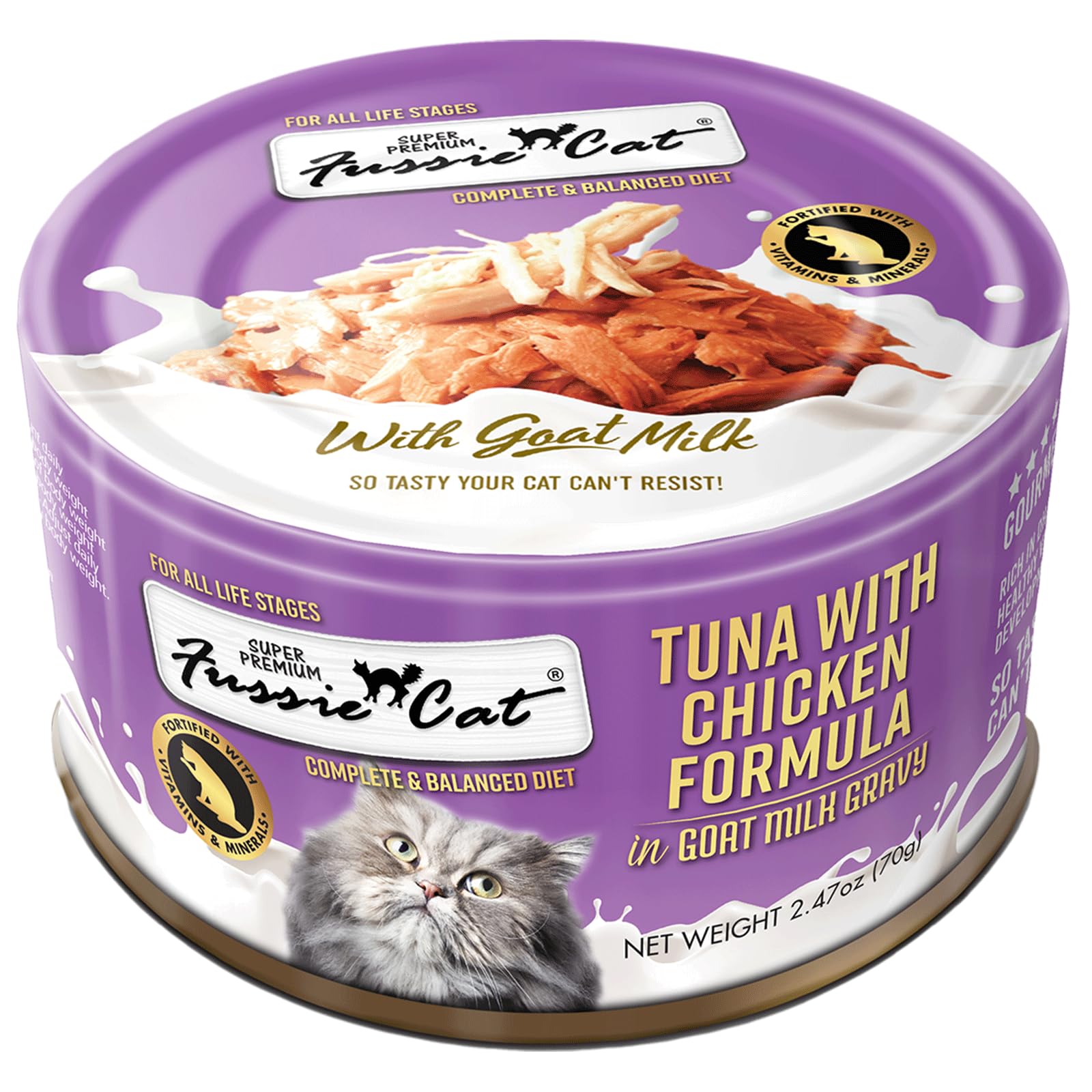 Fussie Cat Premium Canned Wet Cat Food in Goat Milk Gravy - 2.47 oz Cans - Case of 24 Cans (Tuna & Chicken)