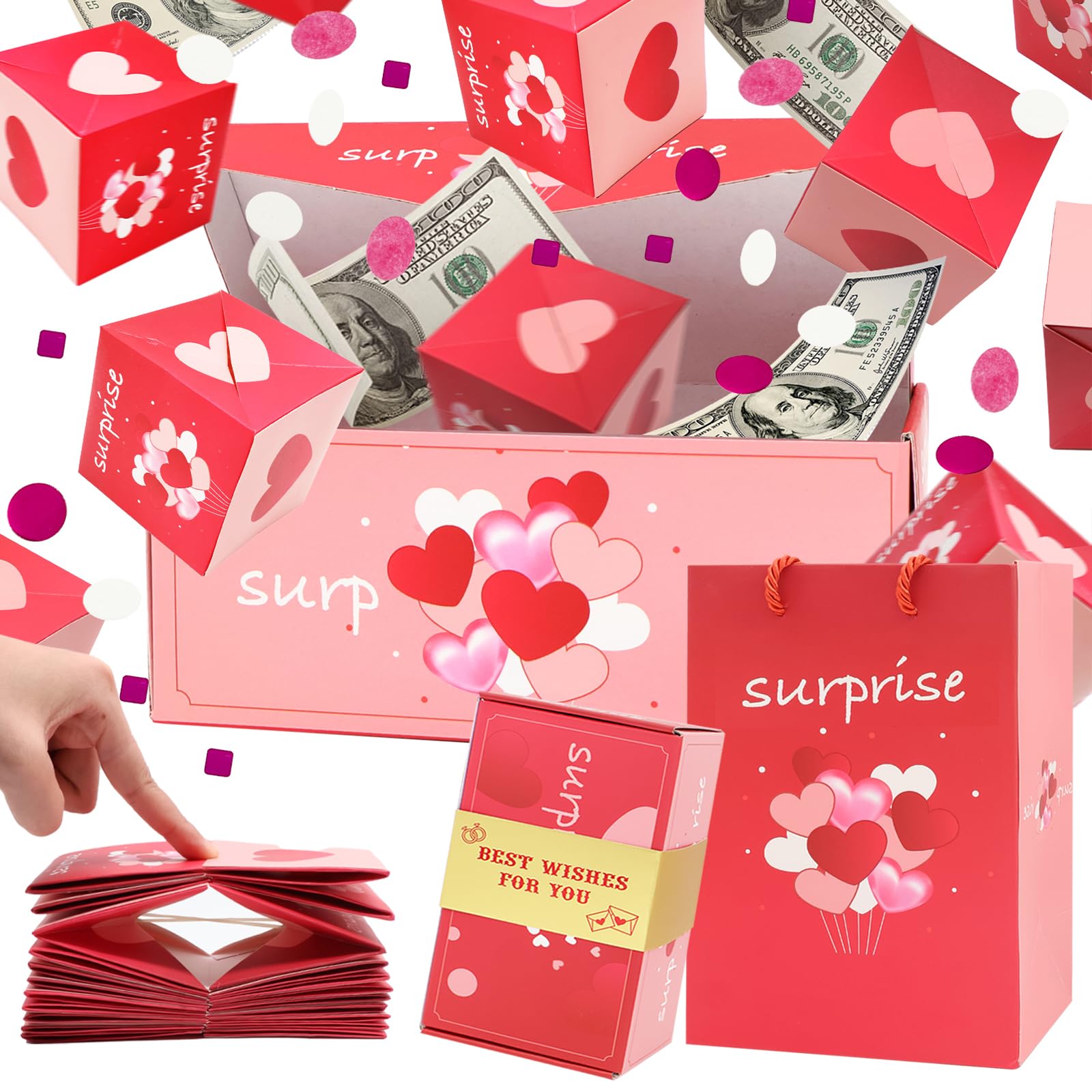 Surprise Gift Box Explosion for Money, Unique Folding Bouncing Red Envelope Gift Box with Confetti, Cash Explosion Luxury Gift Box for Mom Birthday Anniversary Valentine Proposal (15 Bounces)