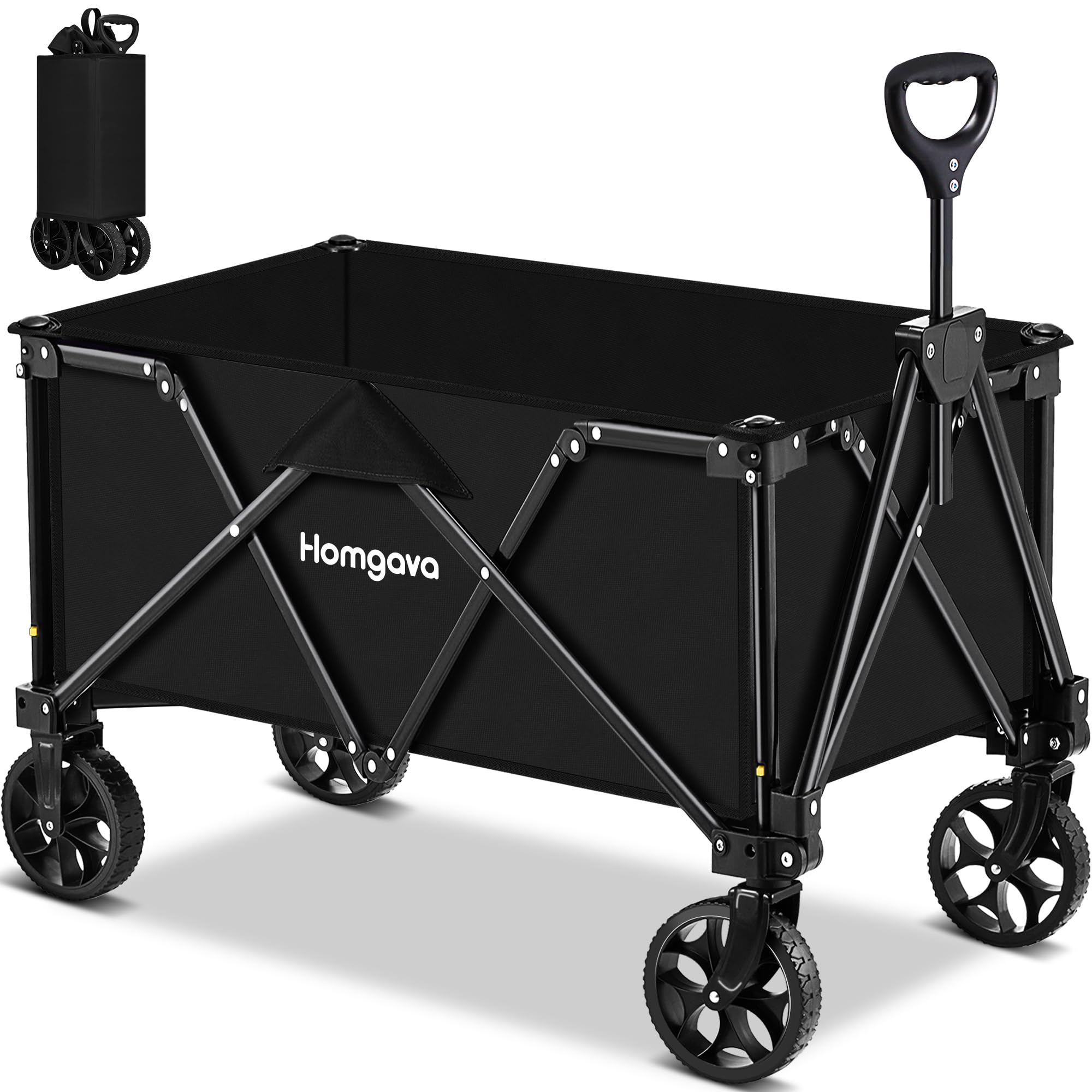 Collapsible Folding Wagon Cart, Large Capacity Camping Wagon, All Terrain Foldable Wagon, Heavy Duty Utility Wagon Cart for Grocery Outdoor Beach Gardening Shopping Fishing Black