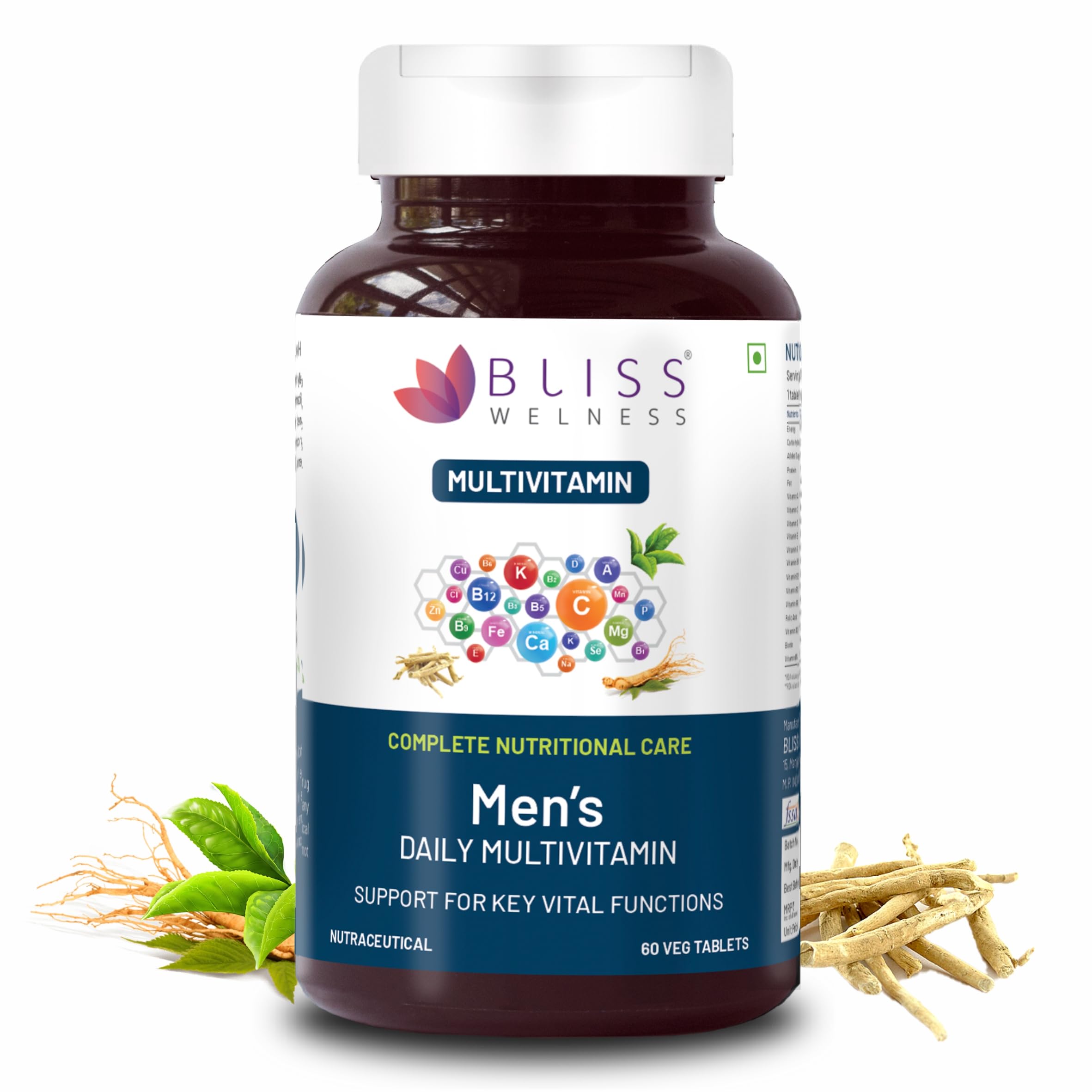 Bliss Welness Men's Daily Multivitamin With Vitamin A, C, D, E, K, B1, B2,B3, B12, L Arginine, Amino Acid Blends, Ashwagandha & Ginseng Extract For Immunity, Joint, Stamina & Recovery- 60 Tablets