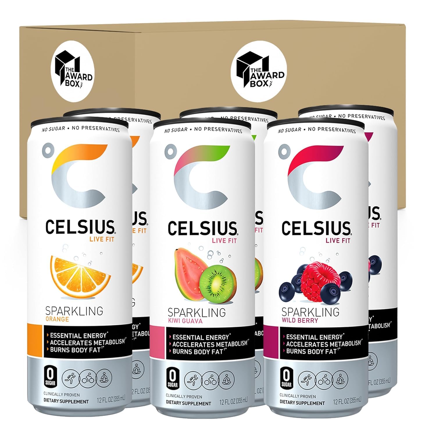 Celsius Sparkling Essential Energy Drink No Sugar or Preservatives 12 fl oz, Slim Cans Assorted Variety 6 Pack, in The Award Box Packaging Combo Box (6 Pack, Wild Berry, Orange, Kiwi Guava)