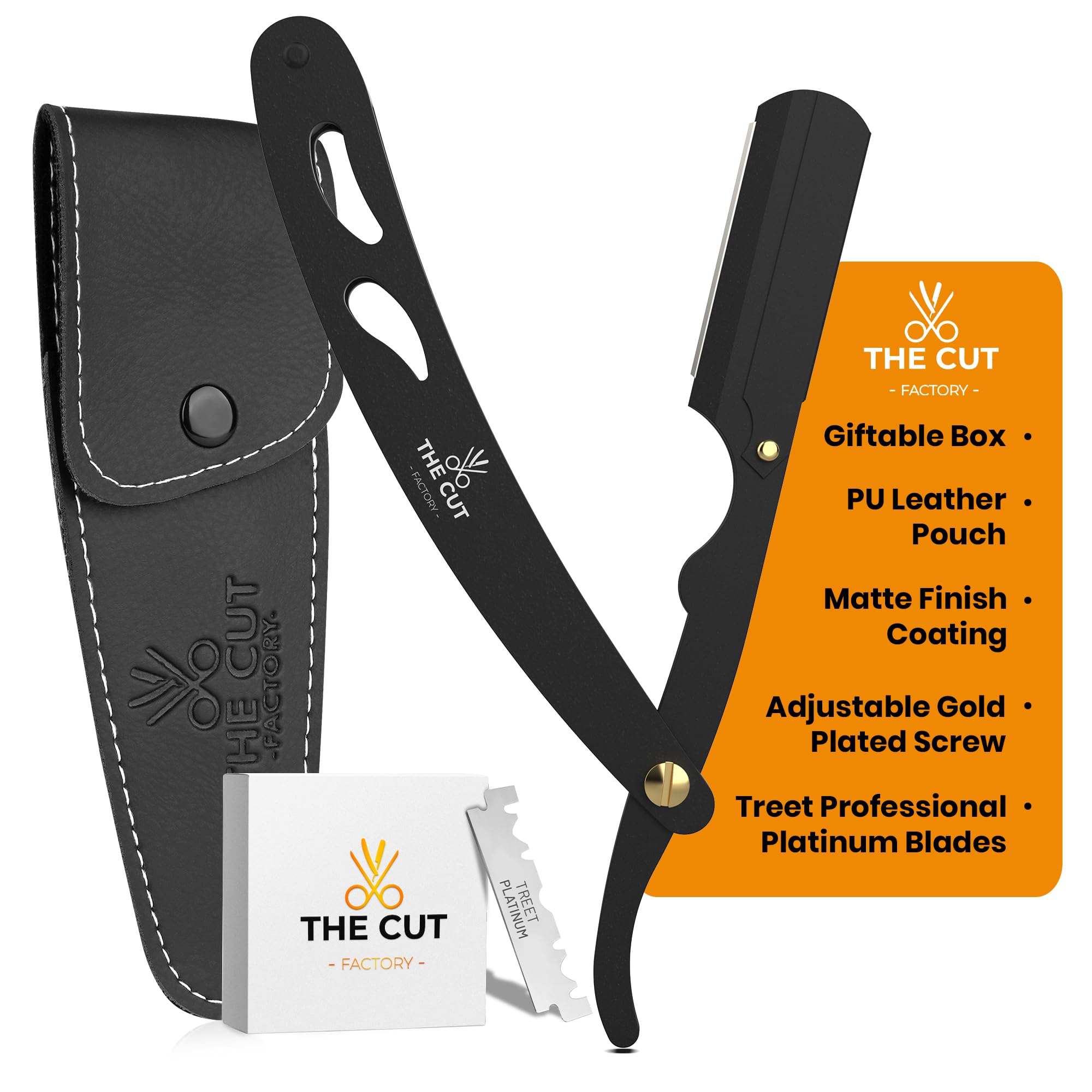 The Cut- Factory- Straight Razor with Pack Of Platinum Treet Single Blade Razors for Men- Professional Barber Straight Edge Razor for Close Shaving 100 Percent Stainless Steel-Black