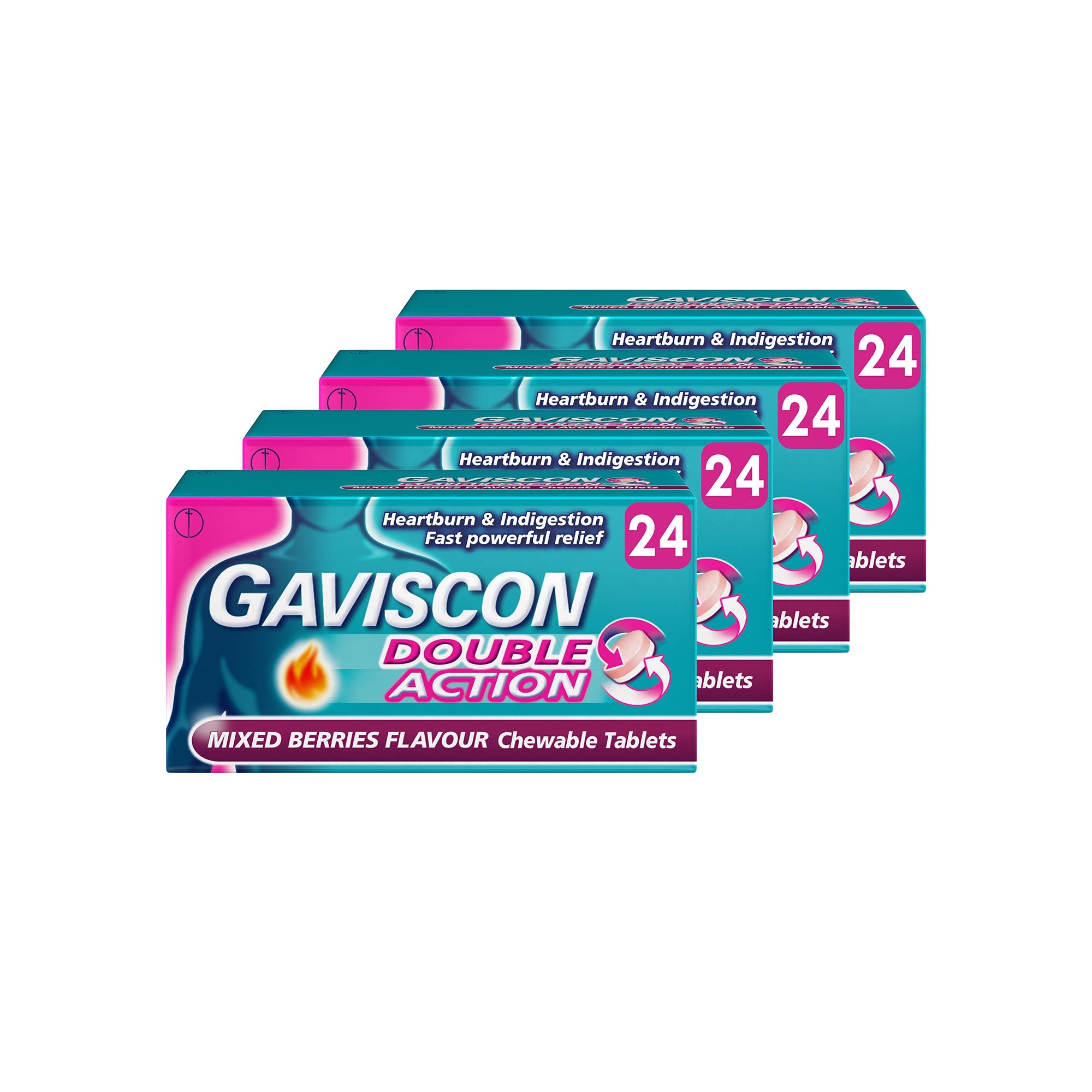 Gaviscon Double Action Heartburn and Indigestion Tablets, Mixed Berries Flavour, MultiPack of 4 x 24 Tablets, Total 96 Tablets