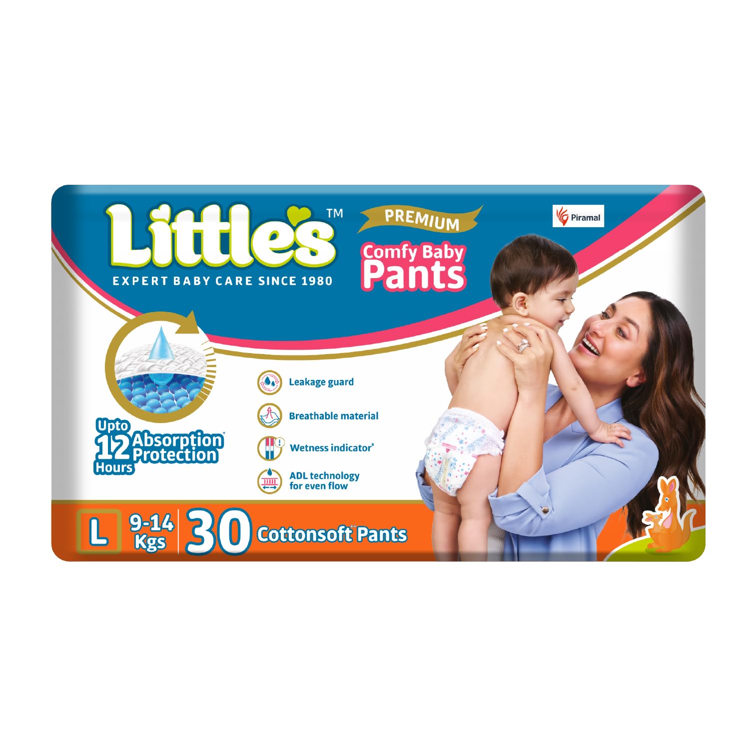 Little's Baby Diapers L Size (Large) Pants Style | 9-14 kg | 30 Count - Pack of 1 | CottonSoft Baby Diaper with Leakage Guard, Wetness Indicator & 12 Hours Absorption