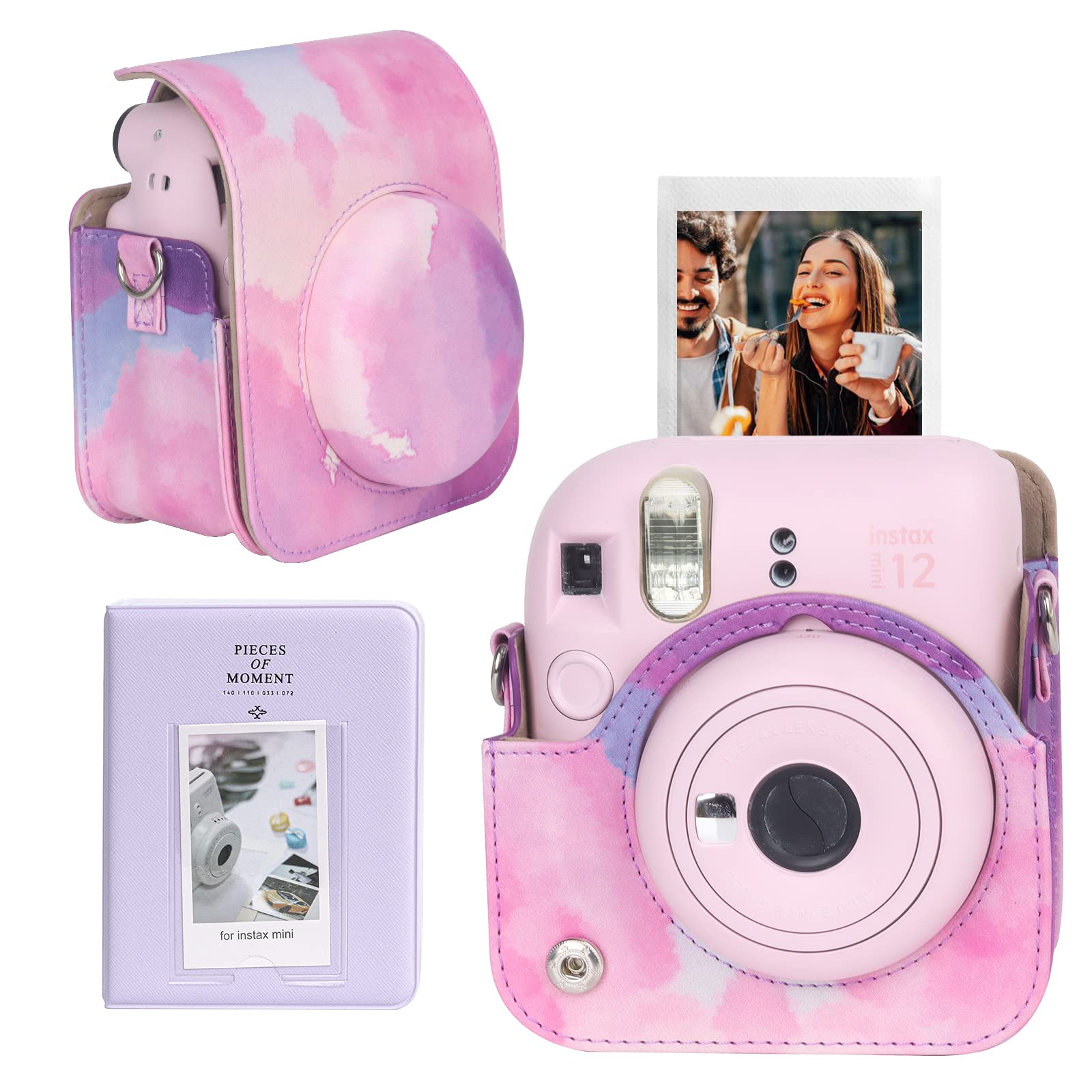 CAIYOULE Fujifilm Instax Mini 12 Camera Case Protective PU Leather Bag Cover with Adjustable Shoulder Strap and Mini Photo Album 64 Pockets - Dreamy Clouds