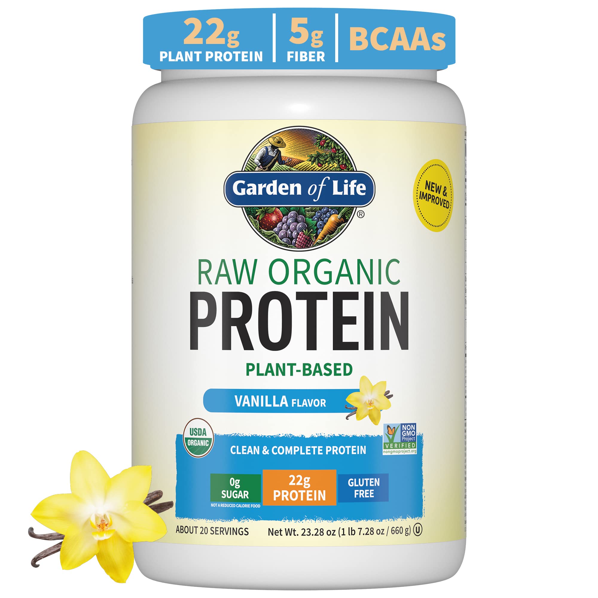 Garden of Life Raw Organic Protein Vanilla Powder, 20 Servings - Certified Vegan, Gluten Free, Organic, Non-Gmo, Plant Based Sugar Free Protein Shake With Probiotics & Enzymes, 4G Bcaas, 22G Protein