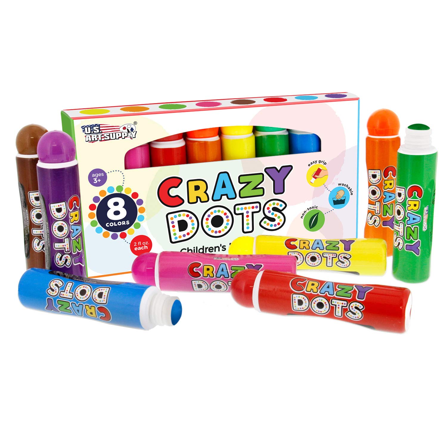 U.S. Art Supply 8 Color Crazy Dots Markers - Children's Washable Easy Grip Non-Toxic Paint Marker Daubers