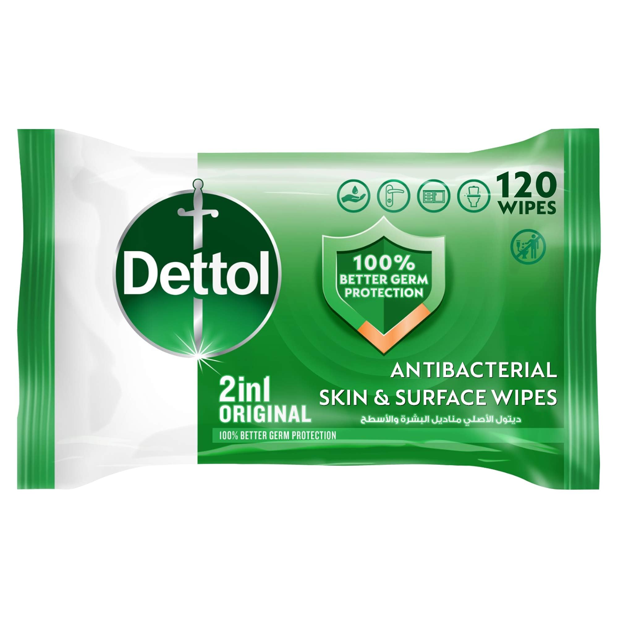 Dettol Original 2 in 1 Antibacterial Skin and Surface Wipes for 100% Better Germ Protection 120pcs