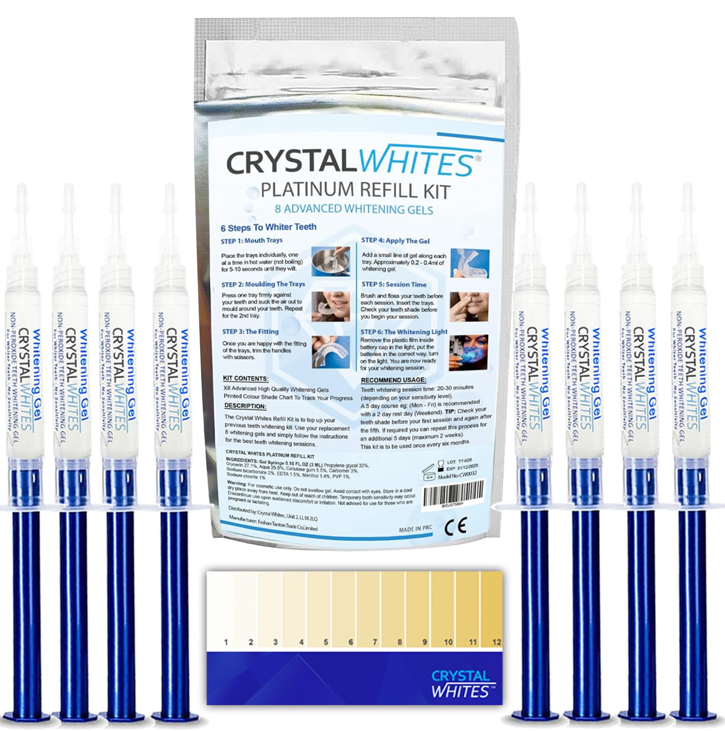 Teeth Whitening Gels | 8 Gel Platinum Refill Kit | Dental Level | Sensitivity-Free Formula | Peroxide-Free and Vegan Friendly | Safe on Teeth Enamel | Quality Results!