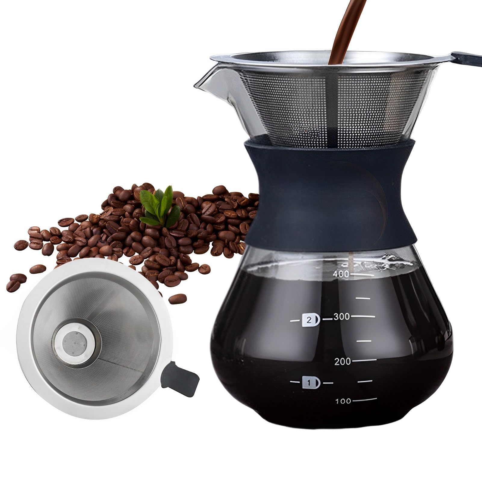 VAODO Glass Coffee Pot Set, Pour Over Coffee Pot with Stainless Steel Double-layer Filter, No Filter Paper Reusable, Coffee Dripper Pot Glass Silicone Rubber Cover, Anti-scalding and Heat Insulation