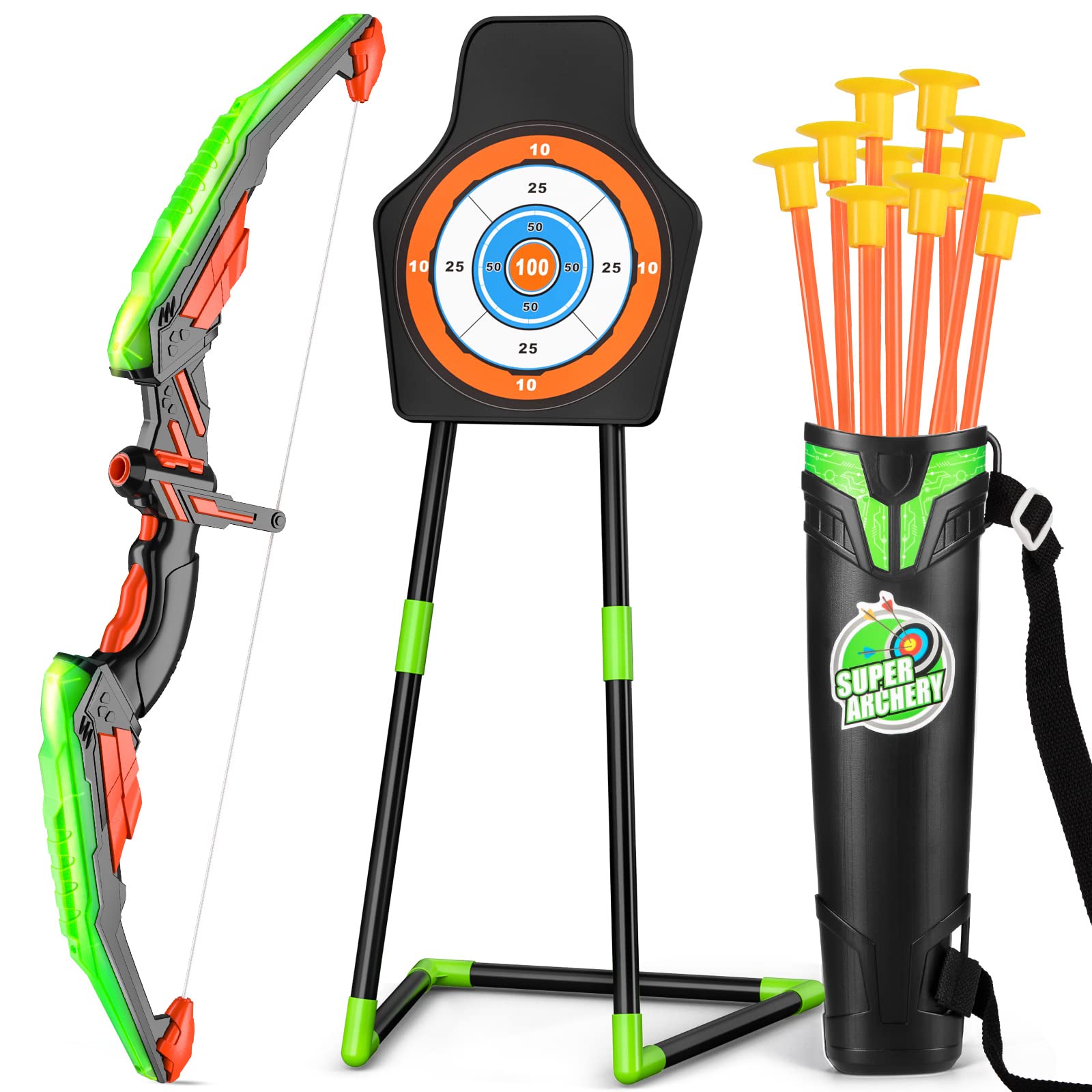 TEMI Bow and Arrow Set for Kids with LED Lights-Archery Set with 10 Suction Cup Arrows, Quivers & Standing Target, Outdoor Toys for Kids Boys & Girls Ages 3-12 Years Old