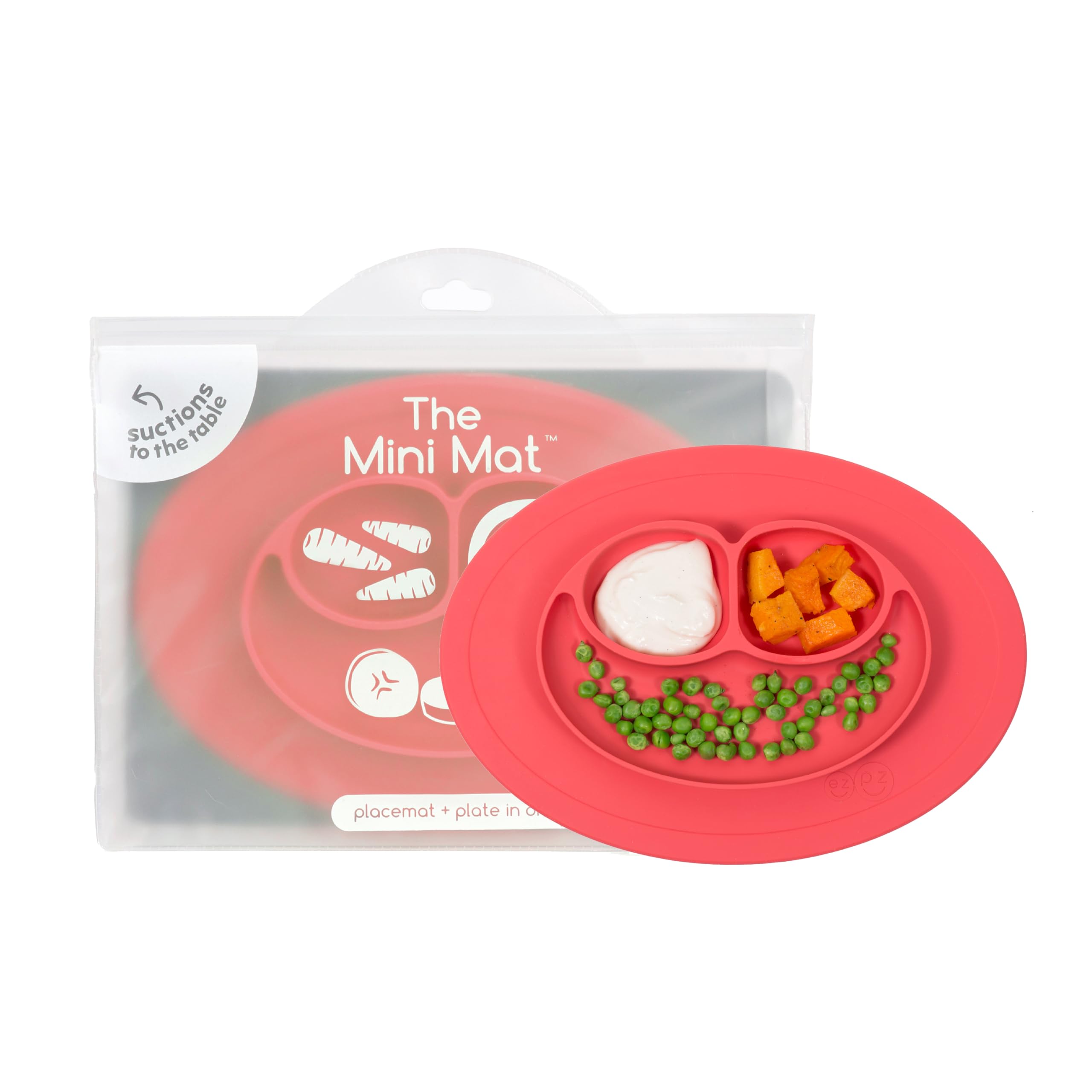 ezpz Mini Mat for 12 Months+ (Coral) - 100% Silicone Baby Plates with Suction and Built-in Placemat for Infants + Toddlers - Baby Led Weaning - For Highchair, Dining Table and Travel