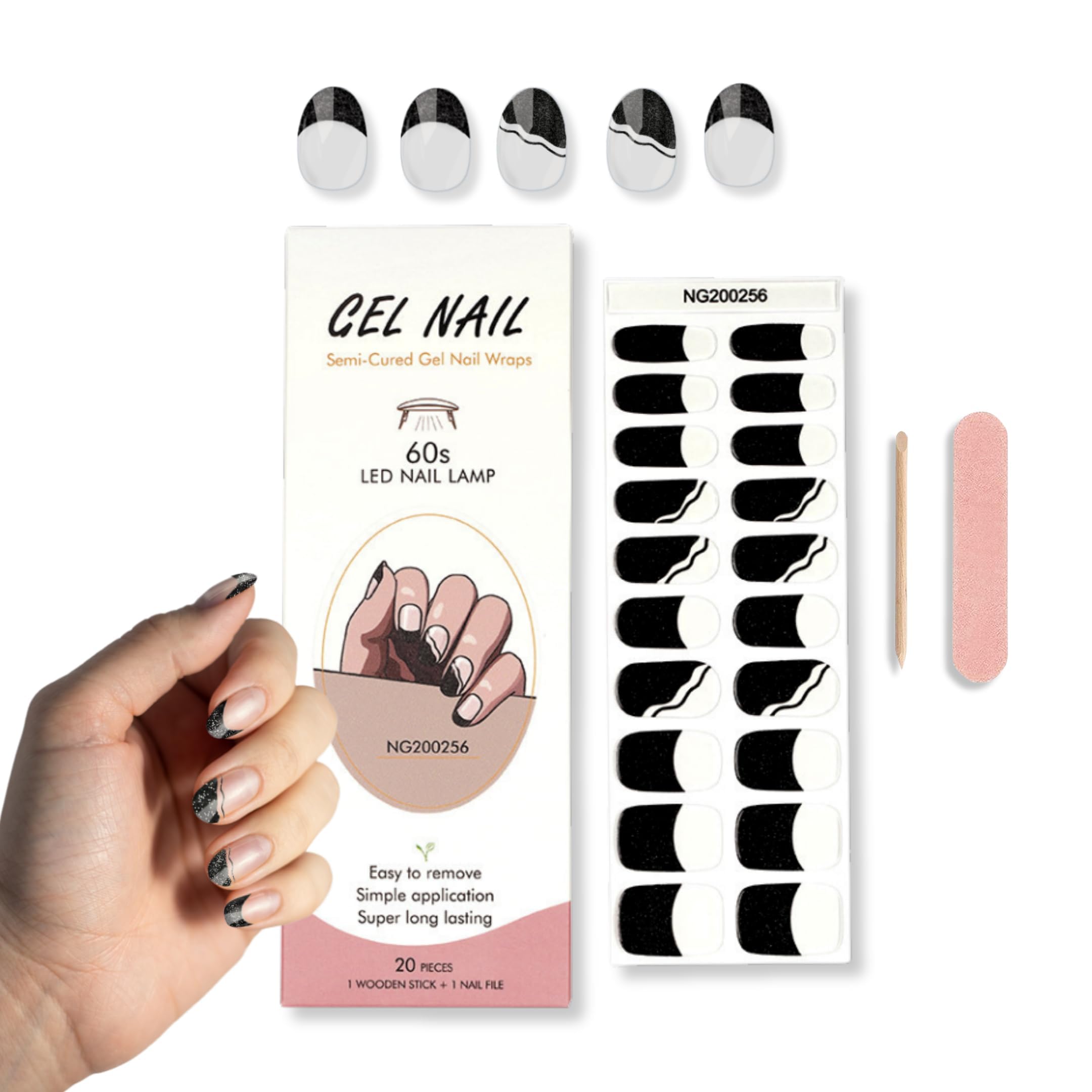 ASTRELLE20 PCS Semi-Cured Gel Nail Strips, Gel Nail Polish Stickers-Waterproof Gel Nail Wrap Stickers-Full Nail Art Kit with Nail File and Wooden Stick - Black French (UV Led Lamp Required)