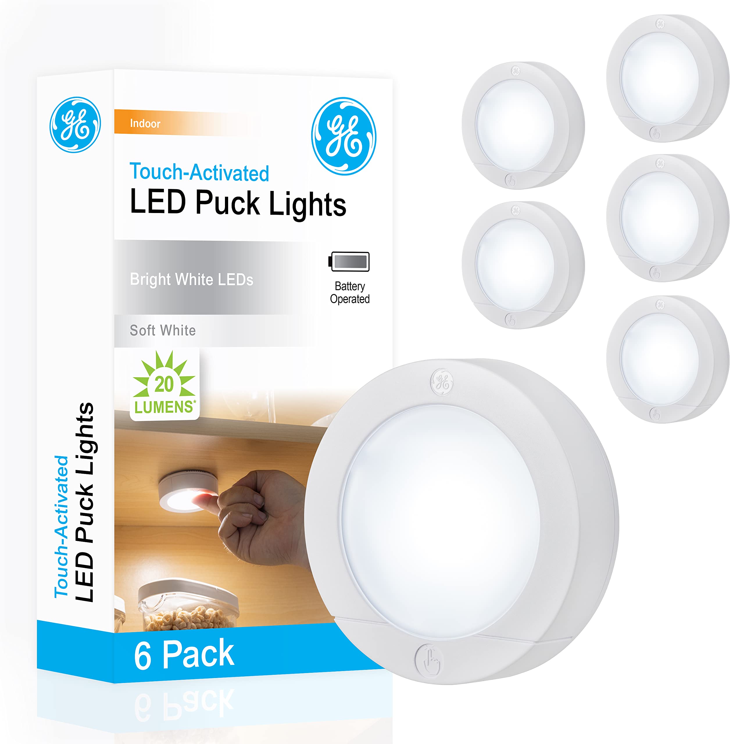 GE Wireless LED Puck Lights, Battery Operated, 20 Lumens, Touch Light, Tap Light, Stick On Lights, Under Cabinet Lighting, Ideal for Kitchen Cabinets, Closets, Garage and More, 45994, 6 Pack