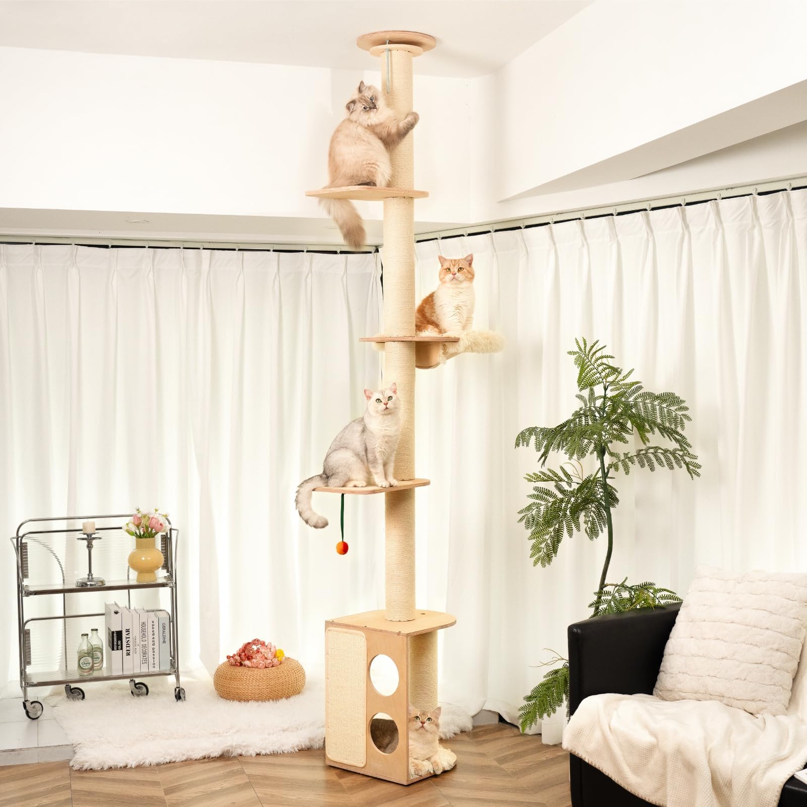 MEWOOFUN Floor to Ceiling Cat Tree, Tall Cat Tree for Indoor Cats Large Adult, Wooden Cat Tower Ceiling Height Up to 108 Inches, Cat Climbing Tower for Scratching, Climbing and Playing