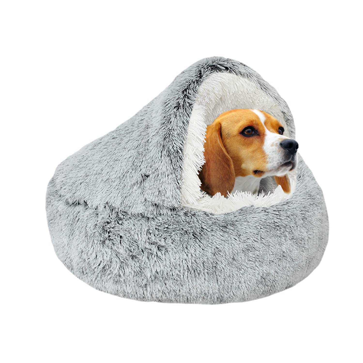 SUOXU Calming Cat Bed Small Dog Bed,Warm Cosy Soft Plush Winter Indoor Cat Cave Bed,Anti Slip Bottom Machine Washable Anti-Anxiety Hooded Pet Bed Sofa Bed for Puppy/Small Medium Large Cats(under 10kg)