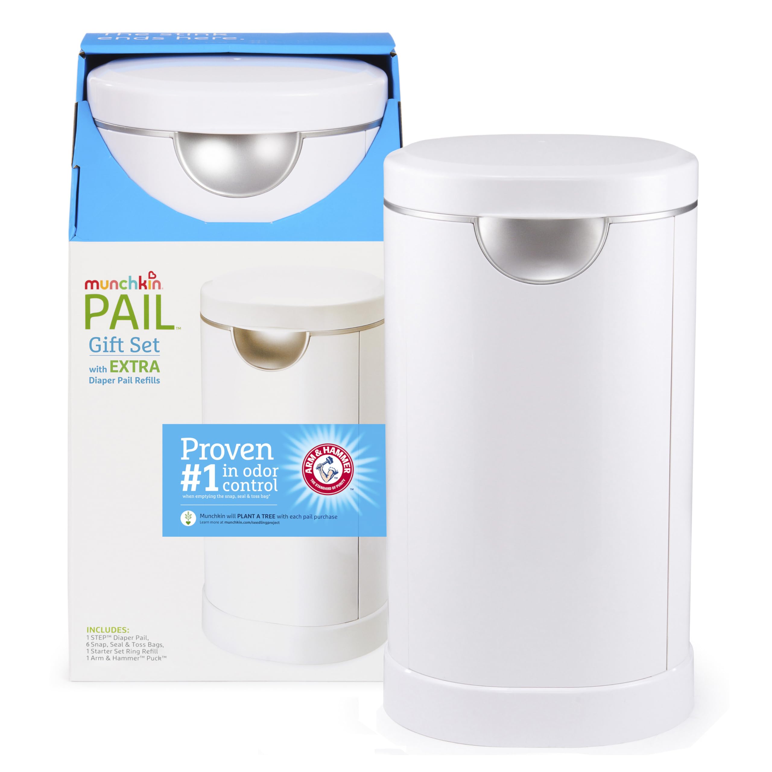 Munchkin® PAIL™ Diaper Pail Baby Registry Starter Set, Powered by Arm & Hammer, Includes 6 Snap, Seal and Toss™ Bags, 1 Starter Refill Ring, and 1 PUCK™ Baking Soda Cartridge