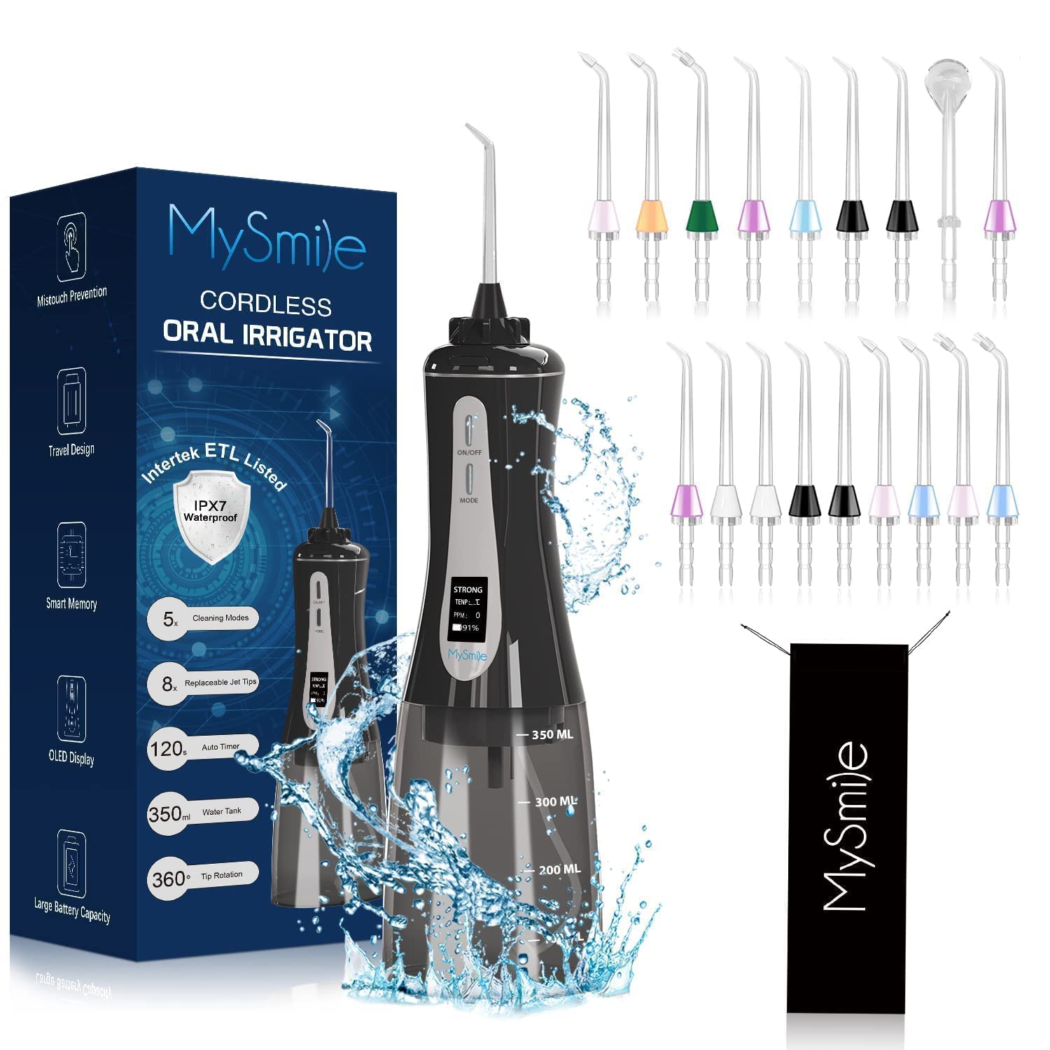 MySmilePowerful Cordless Water Dental Flosser Portable Oral Irrigator with OLED Display 5 Modes 18 Replaceable Jet Tips and 350 ML Detachable Water Tank for Home Travel Use Black