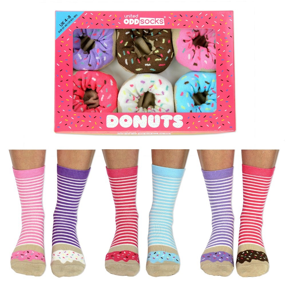 United OddsocksDonuts - United Odd Socks - Ladies Mismatched Multicoloured 6 Socks Gift Pack - US 6.5-10.5