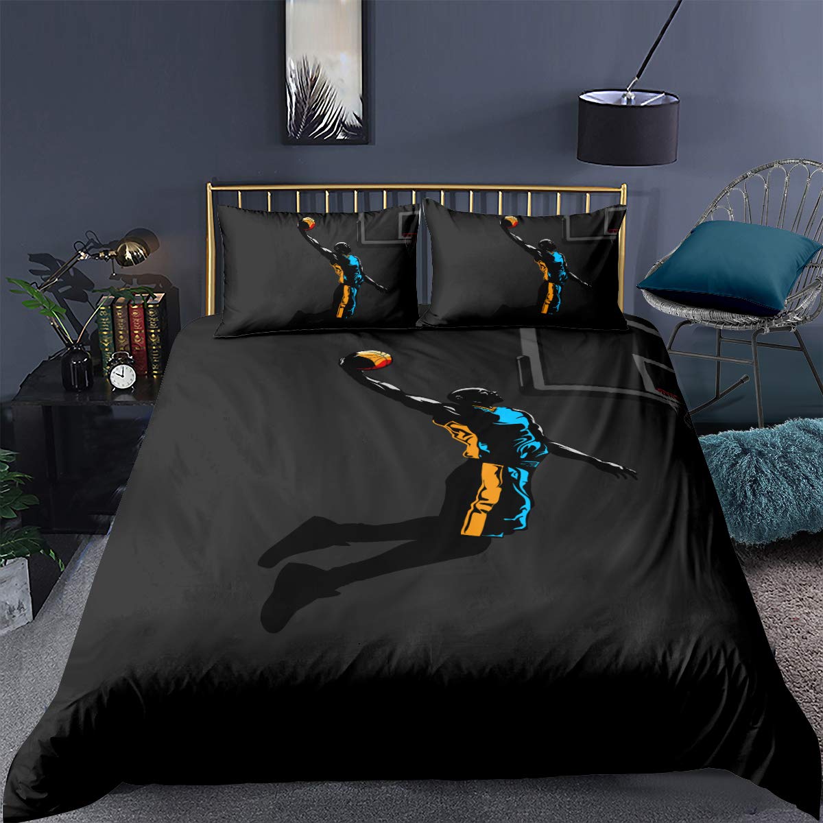 SANTUNK Basketball Bedding Set with 1/2 Pillowcases for Boys Teens Children Bedding & Linen Sports Theme Duvet Cover Gift for Basketball Player Bedspread Cover, Black (A,Single 140X200CM)