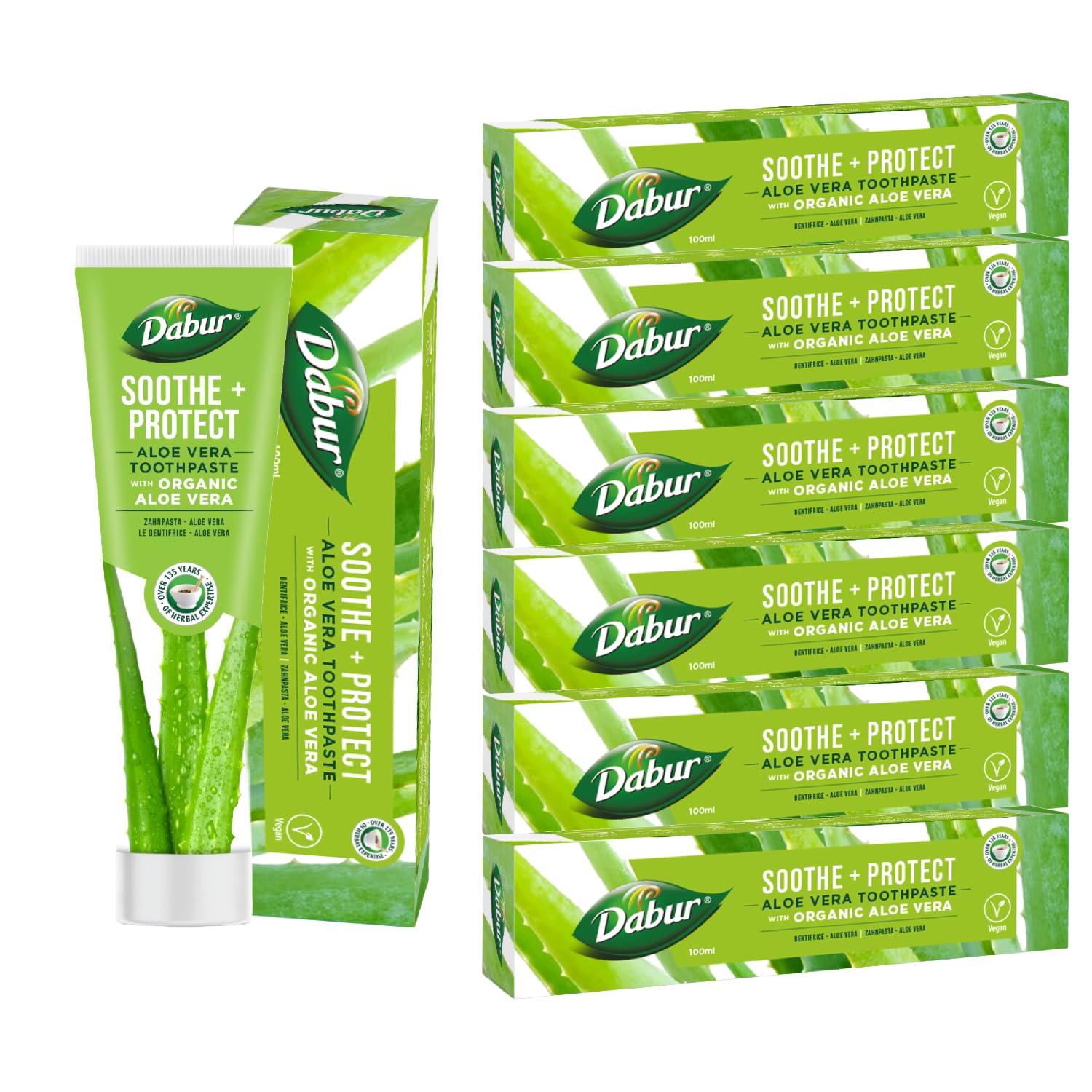 Dabur Aloe Vera Organic Toothpaste - 100g (Pack of 6)| Prevent Cavities Naturally with Herbal Extracts | Enriched with Organic Aloe Vera