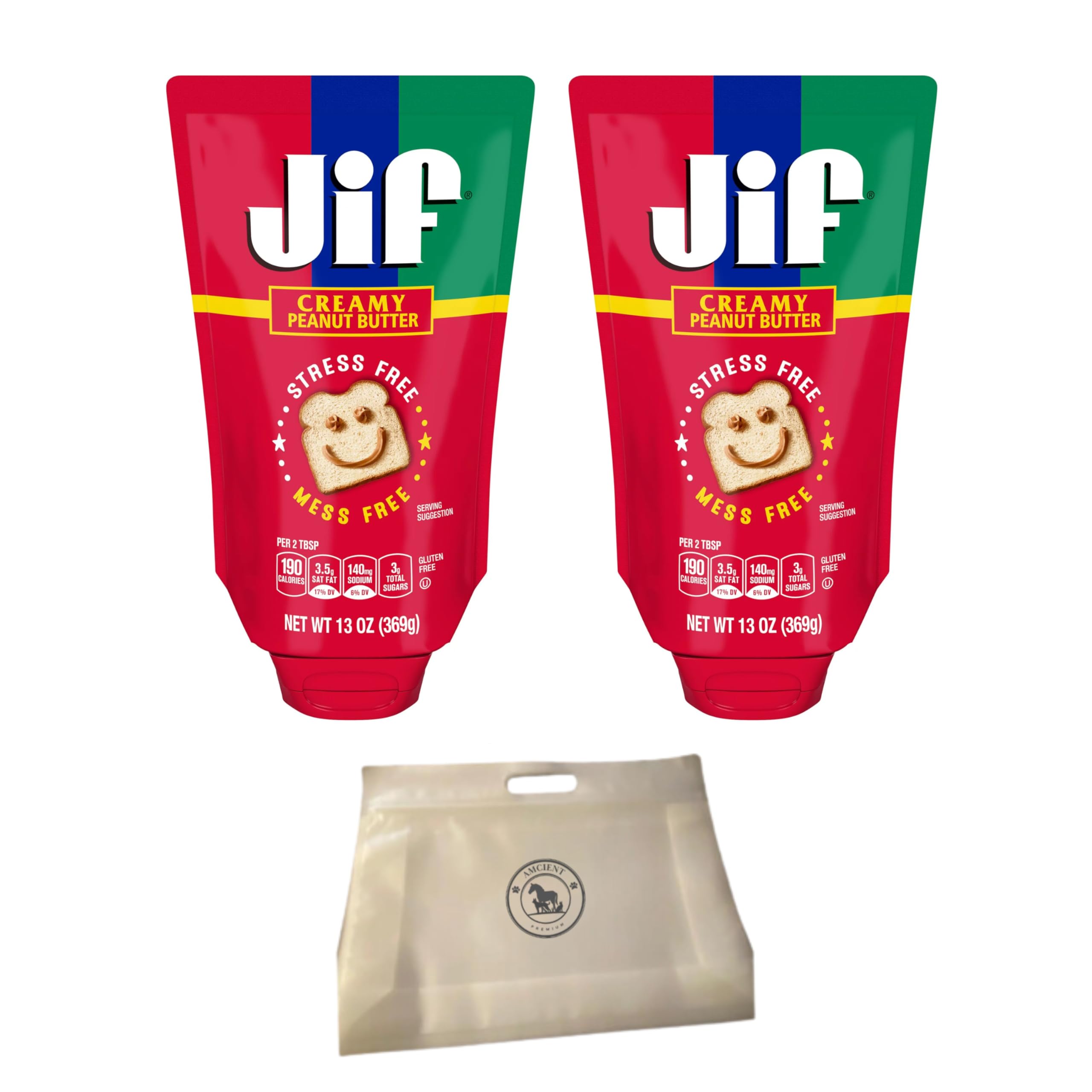 Squeeze Peanut Butter Bundle - JIF Peanut Butter Creamy Squeeze Peanut Butter tubes (13 Oz) With Reusable Food Pouch By AMCIENT (Pack of 2)