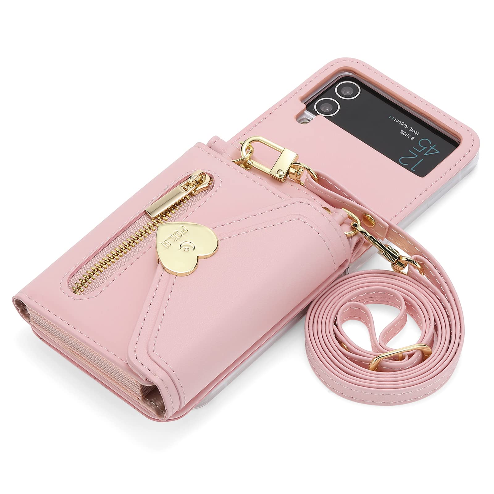 SZHAIYU Women Wallet Purse for Samsung Galaxy Z Flip 4 5G Case Crossbody with Credit Card Holder Strap Lanyard Kickstand Flip Leather Zipper (Pink,Z Flip 4)