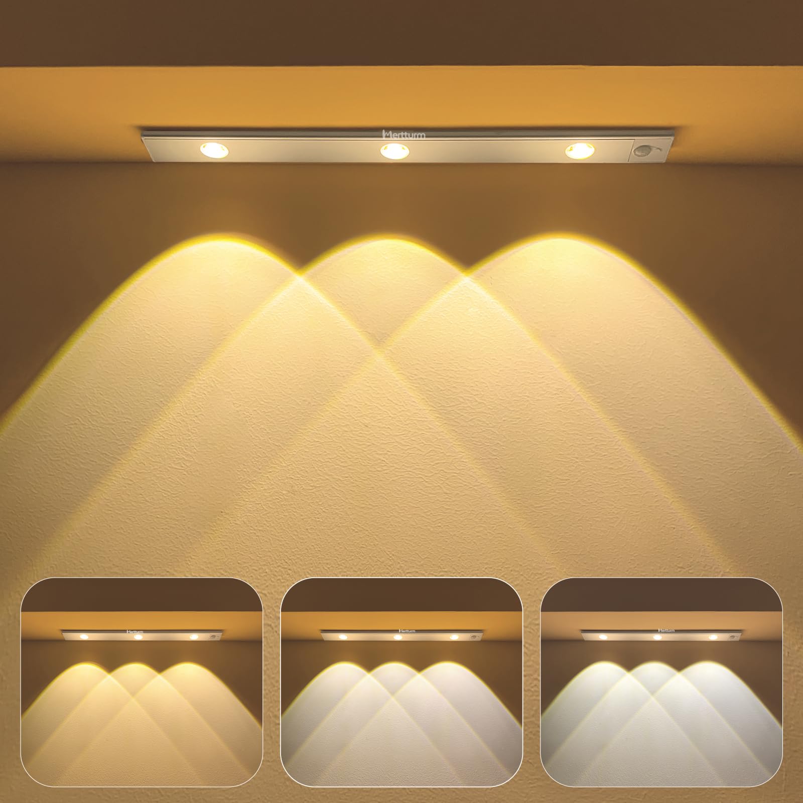 MERTTURM Motion Sensor Cabinet Mood Light, 40cm Wireless Closet Light, Rechargeable Dimmable LED Light Bar with 3 Light Colors, Magnetic Install for Kitchen Wardrobe Cupboard