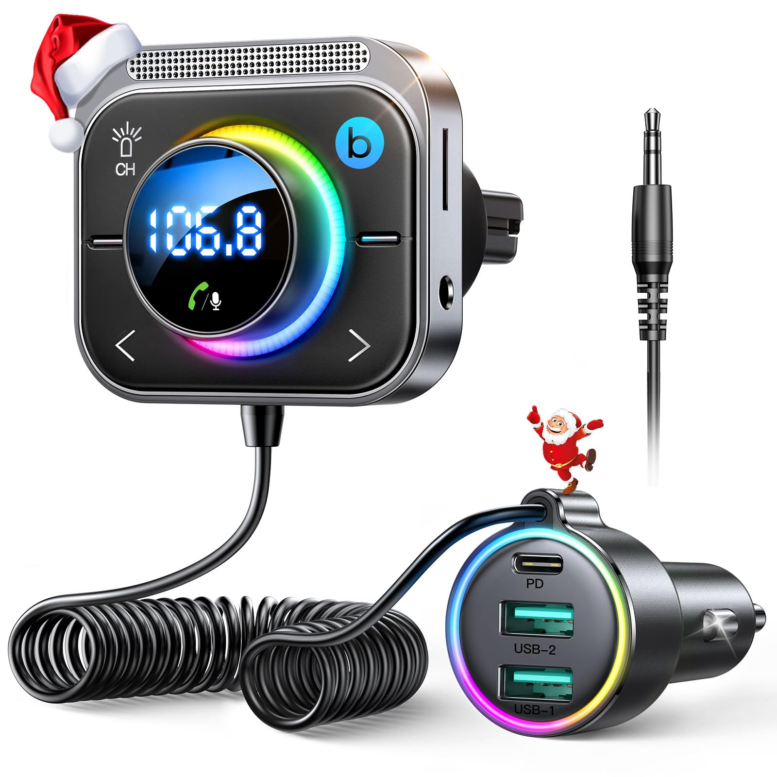 Joyroom Bluetooth, Auxiliary, USB FM Car Adapter, Air Vent Installation & Bass Boost 3 Ports PD&QC 3.0 FM Transmitter for Car, Radio Receiver for Car HD Calling and Enjoy Music