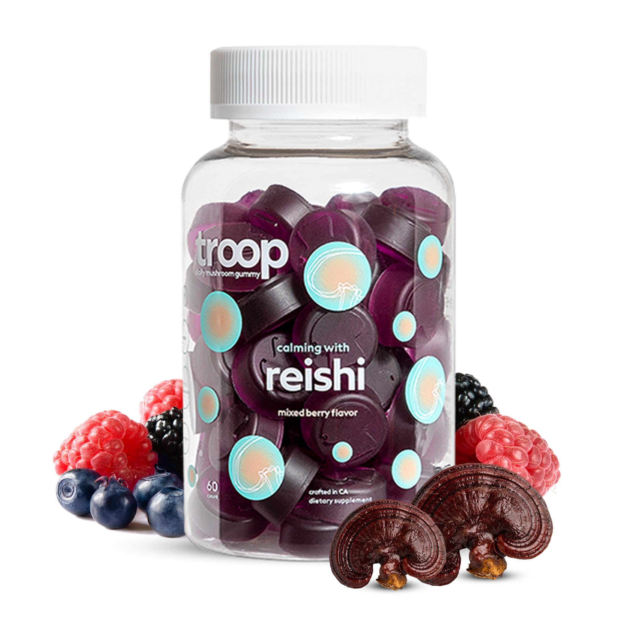 Troop Daily Mushroom Reishi Gummy for Stress Management, Calm, Sleep, Healthy Aging - Adaptogen & Immune Boosting Supplement with Triple Extracted Reishi Fruit Body- Vegan, Delicious Gummies, 60 Count