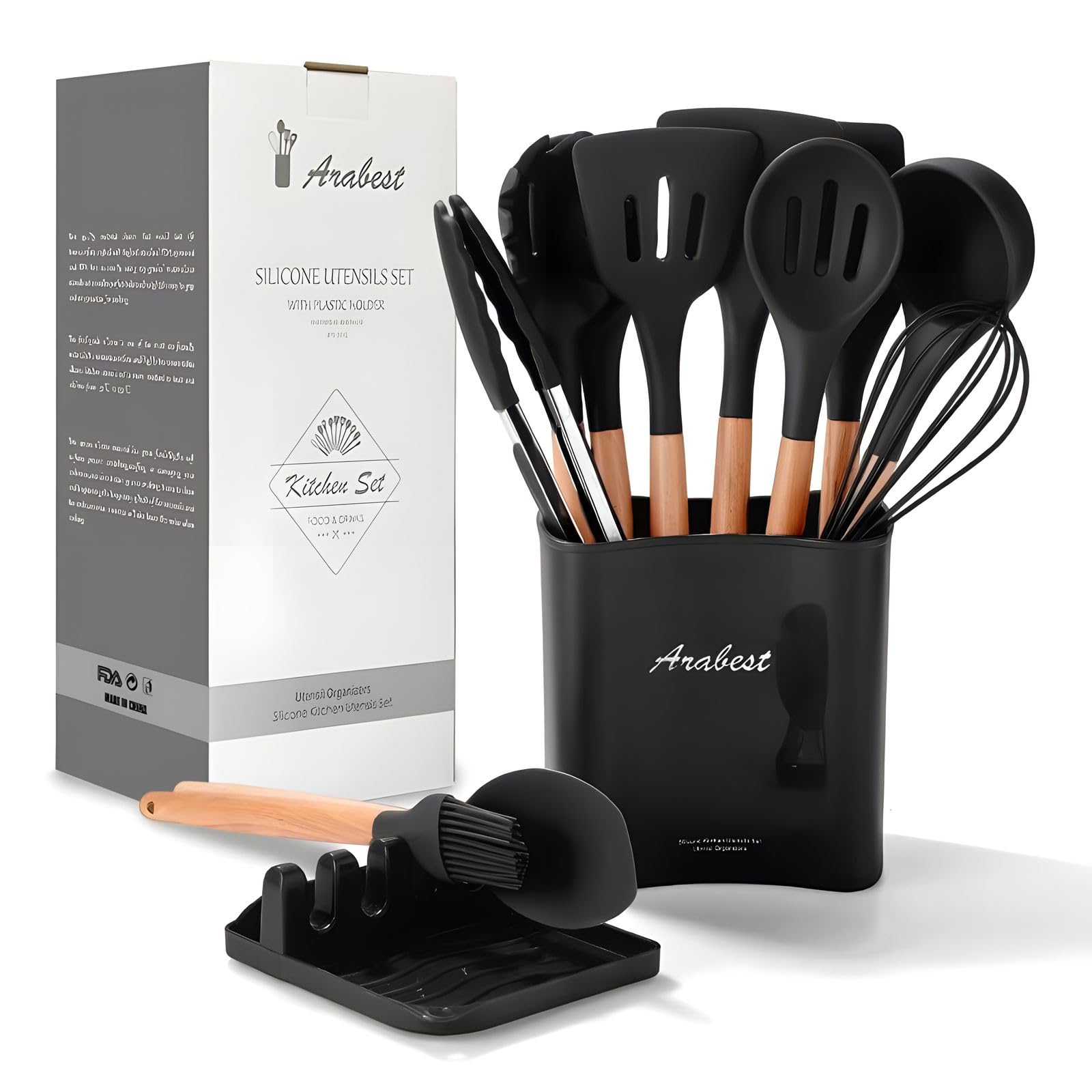 Arabest Silicone Cooking Utensil Set,Silicone Kitchen Utensil Set-13pcs,Wooden Handles Utensils Tool for Nonstick Cookware,Non Toxic Heat Resistant Kitchen Tools Set With Storage Bucket And Lid Rest